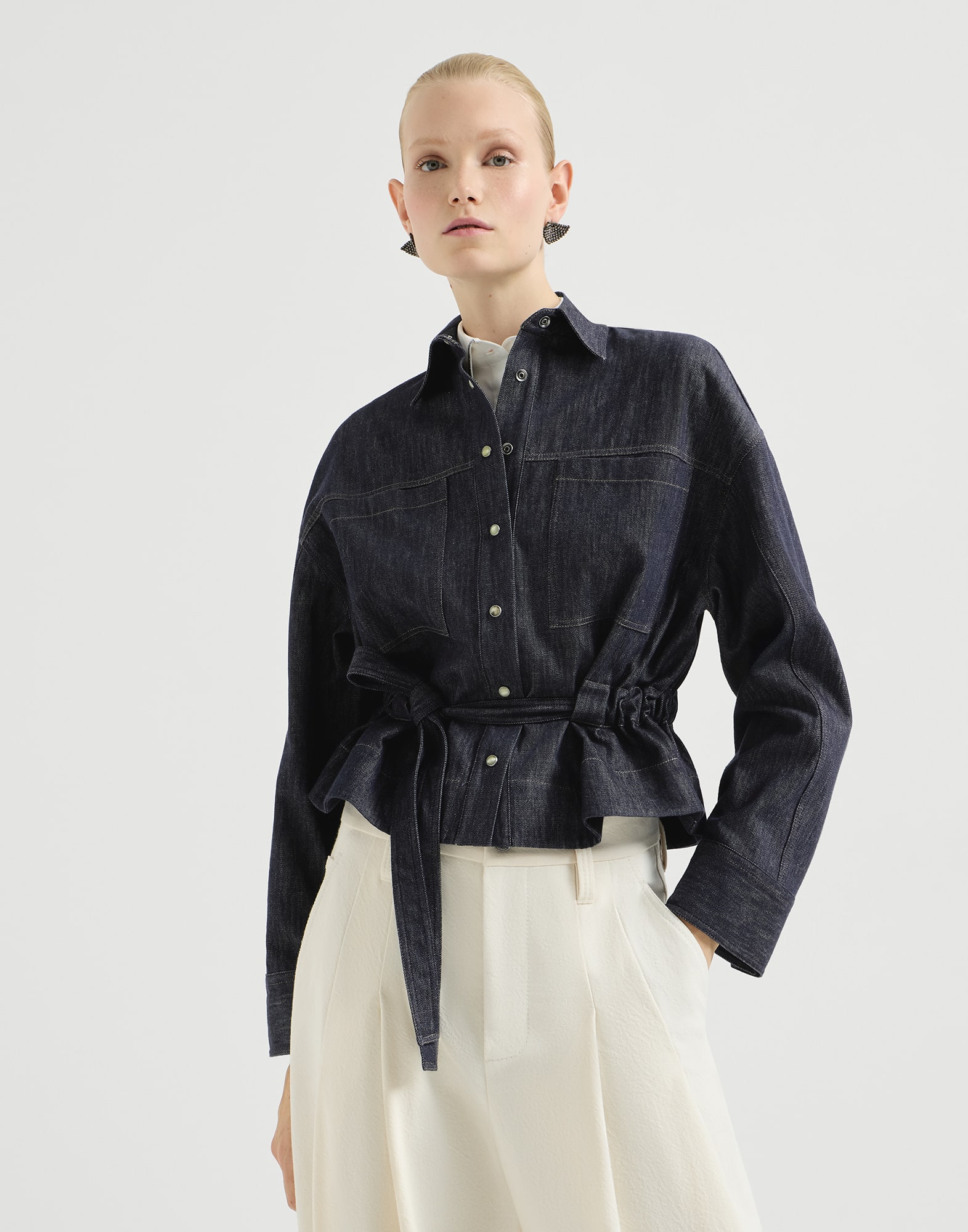 Camisa Crop en sarga efecto denim de algodón