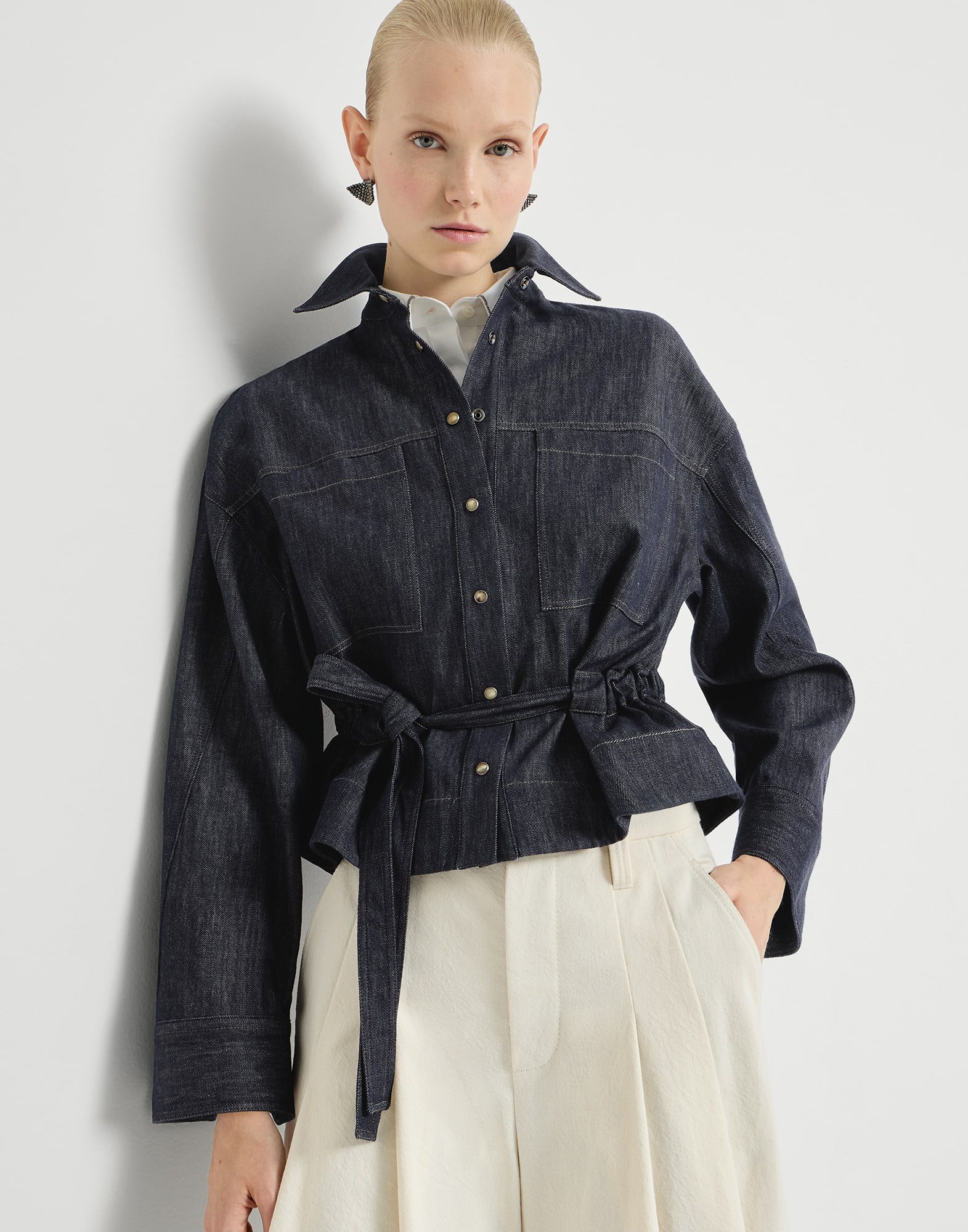 Camisa Crop en sarga efecto denim de algodón