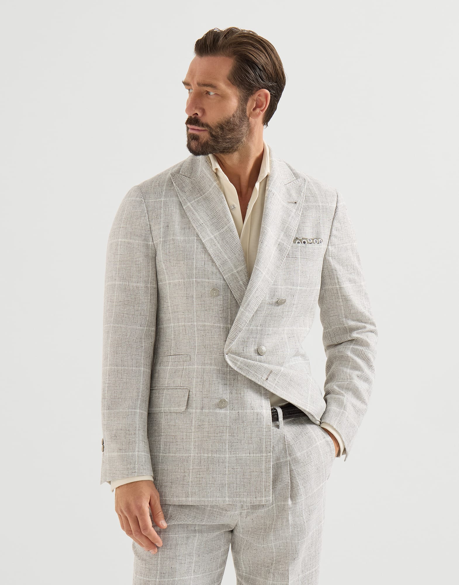 Linen Prince of Wales one-and-a-half breasted deconstructed blazer with metal buttons