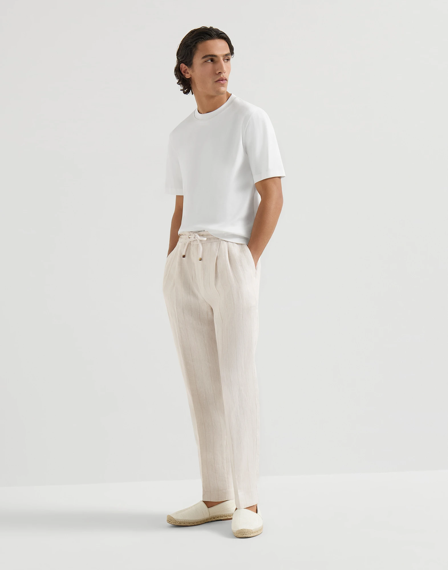 Linen chalk stripe chevron trousers with drawstring and double pleats