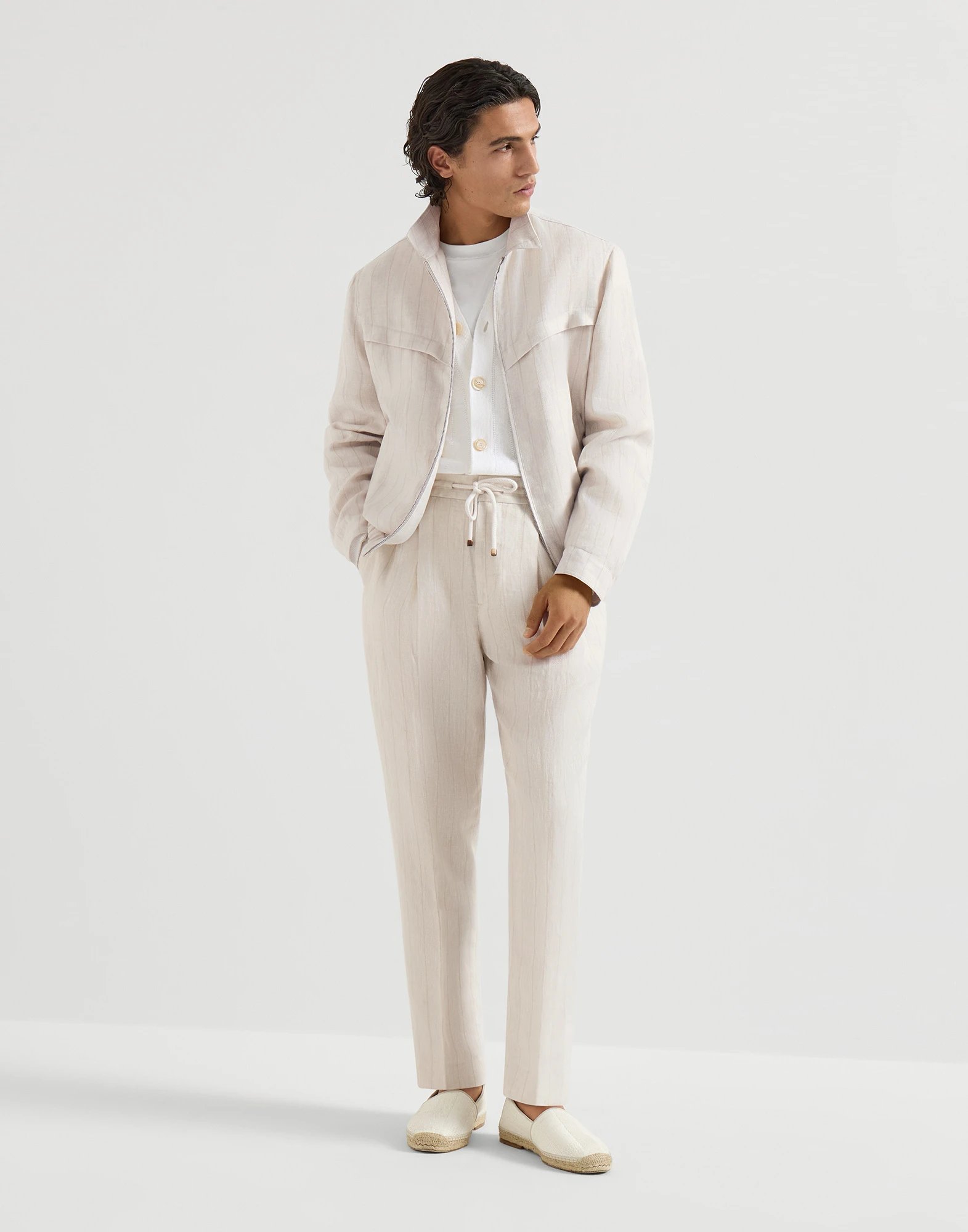 Linen chalk stripe chevron trousers with drawstring and double pleats