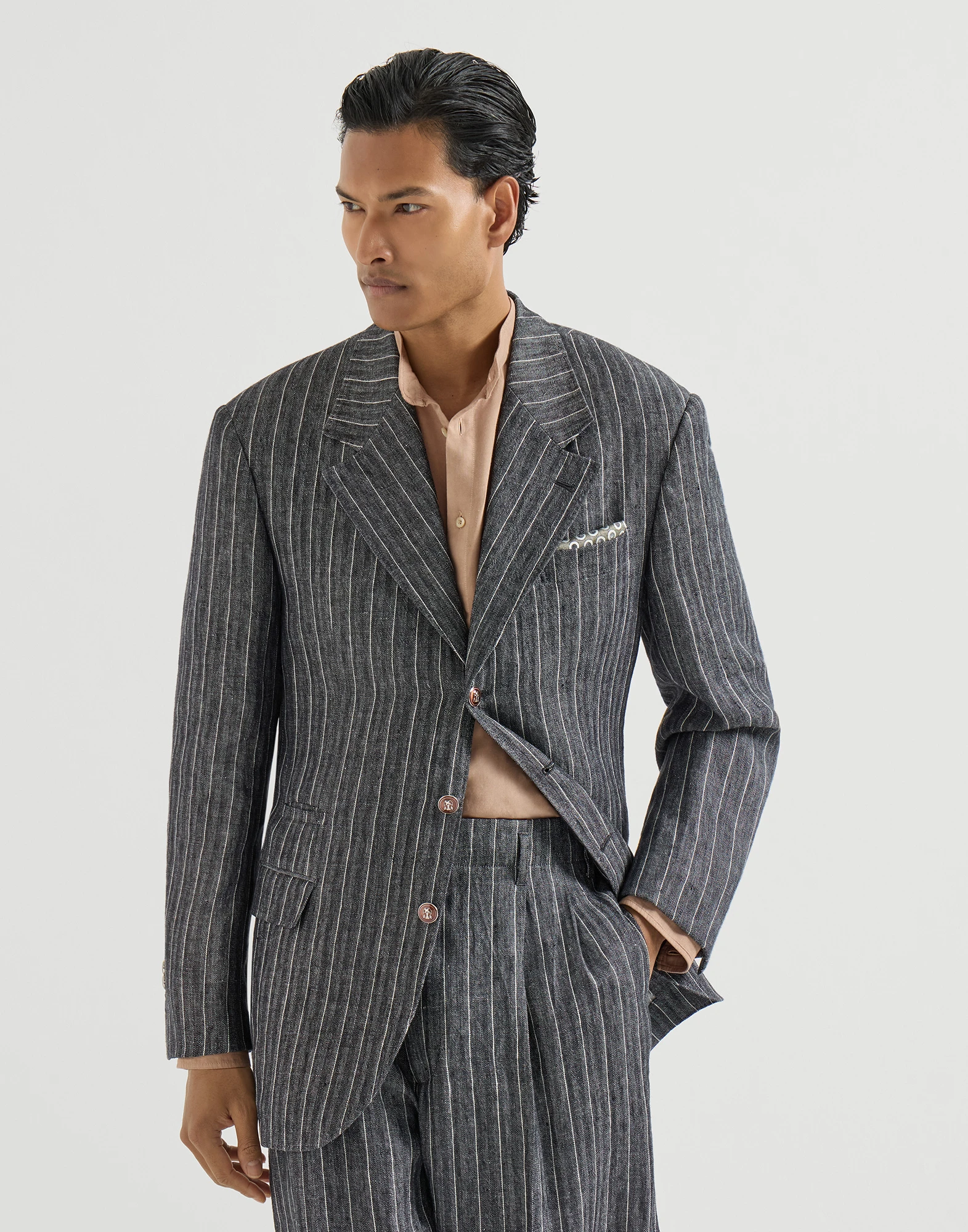 Linen chalk stripe chevron Tailor blazer with metal buttons