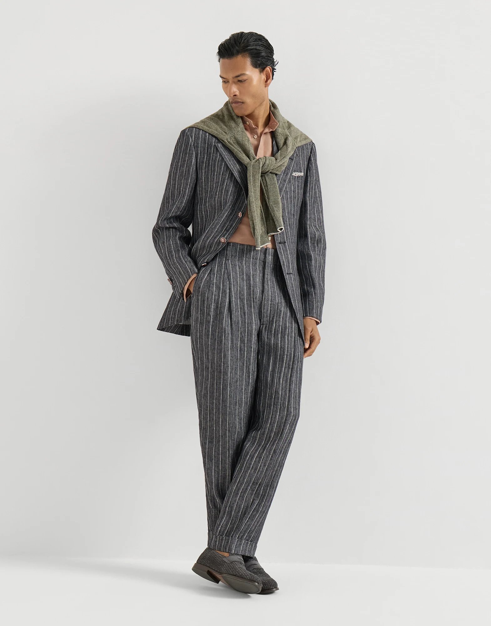 Linen chalk stripe chevron Tailor blazer with metal buttons
