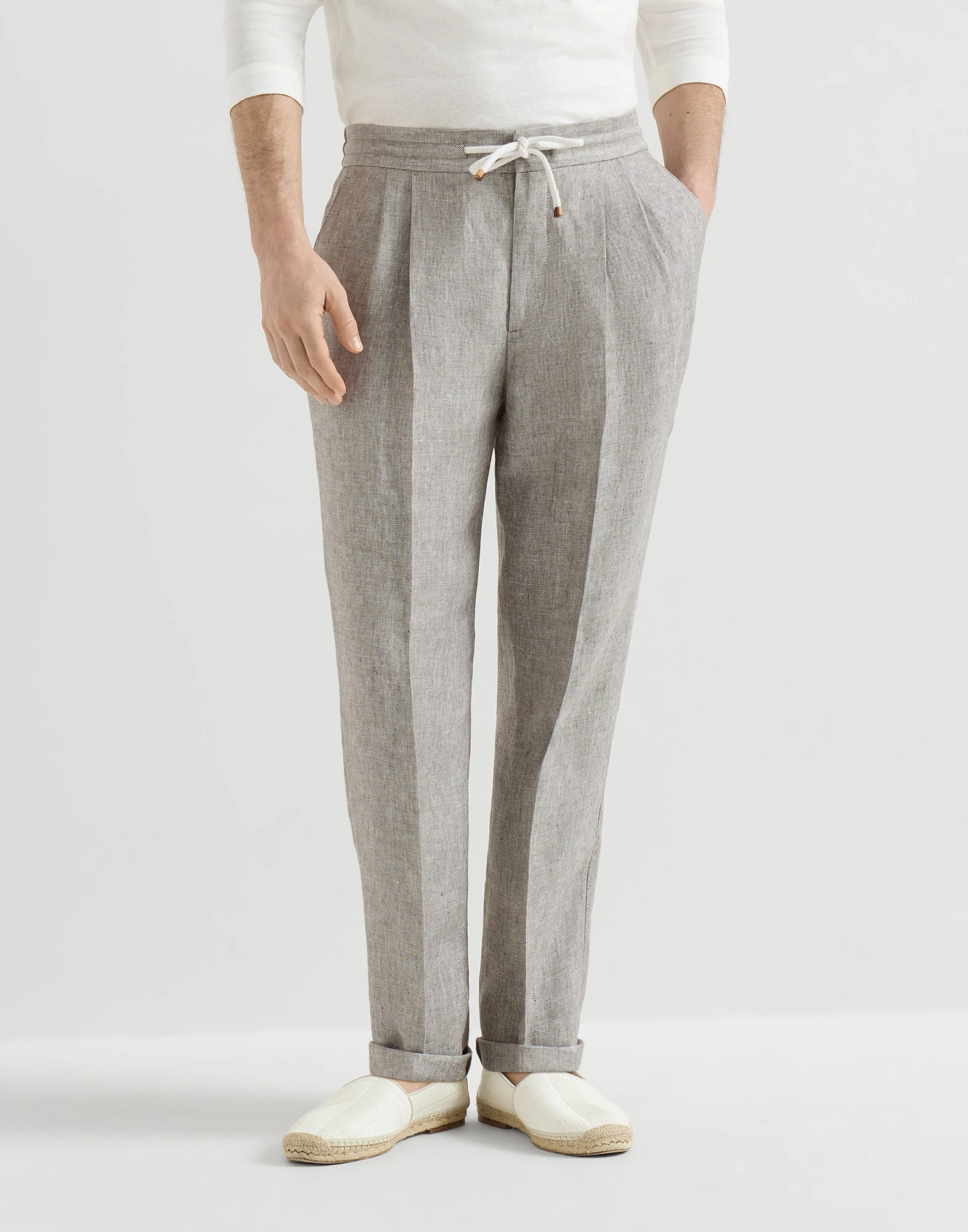 Linen and hemp diagonal trousers with drawstring and double pleats