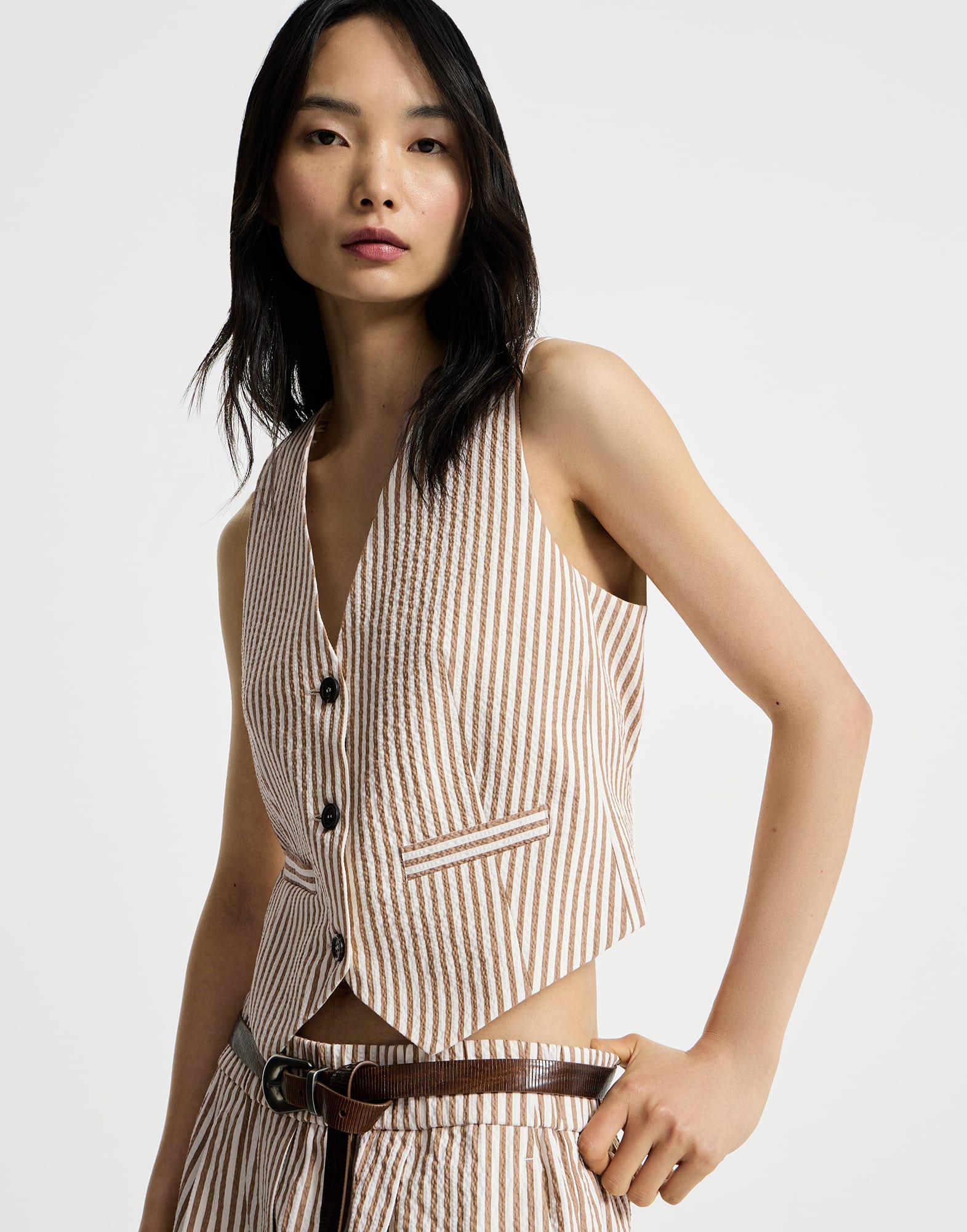 Techno cotton striped seersucker vest with monili