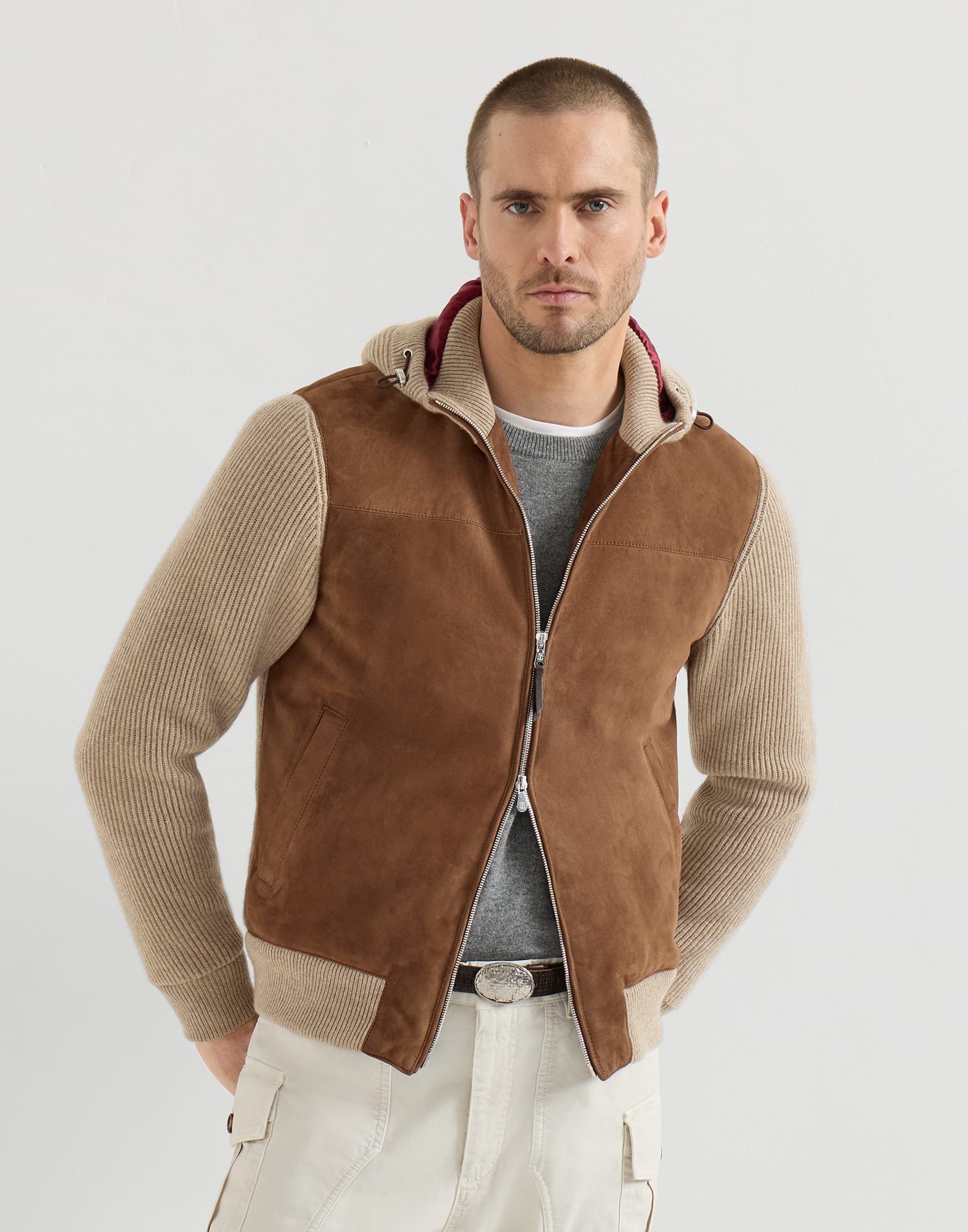 1273-suede-and-cashmere-knit-hooded-bomber-jacket-with-thermore-padding-1.jpg Suede and cashmere knit hooded bomber jacket with Thermore® padding