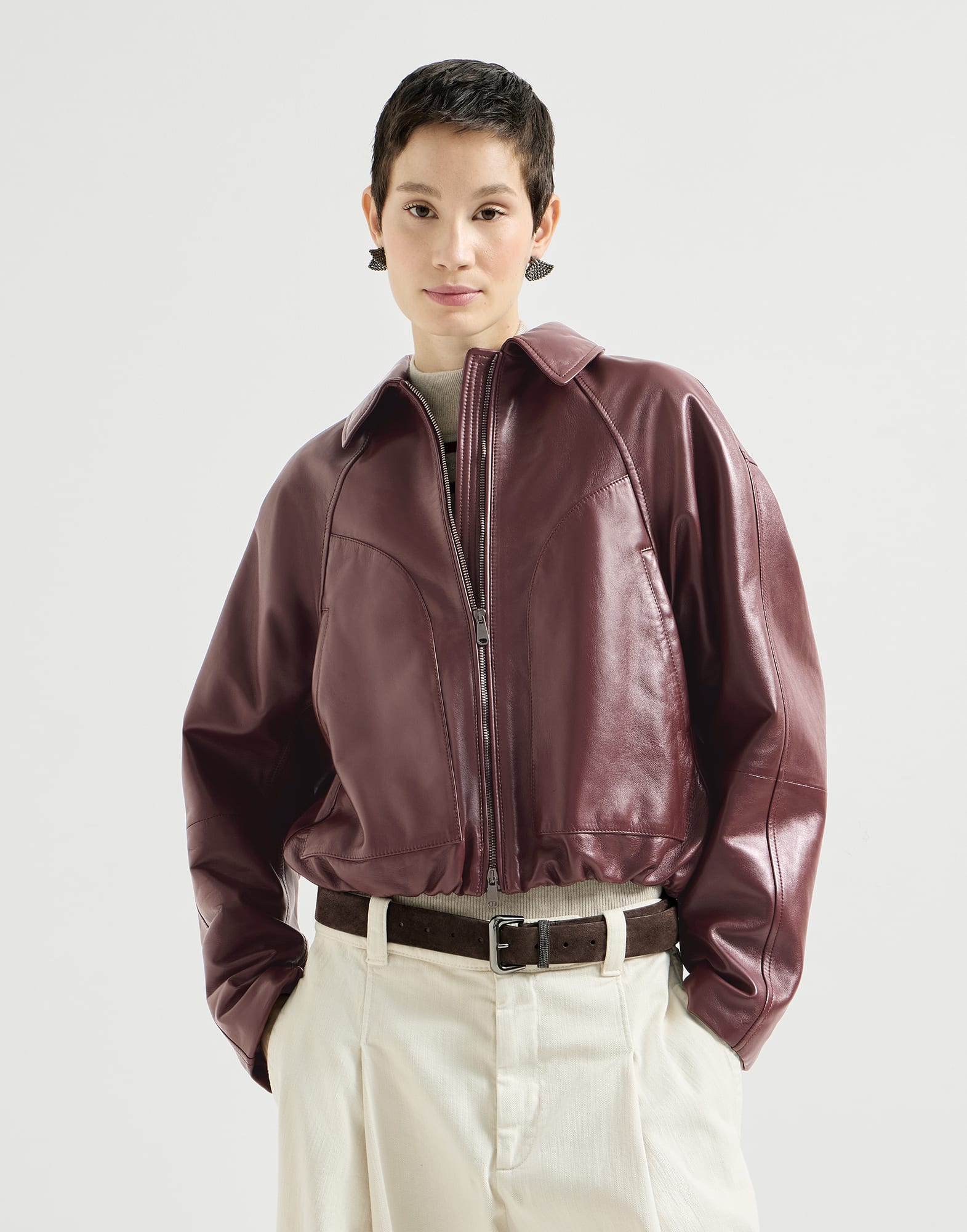 Nappa leather outerwear jacket with drawstring and monili
