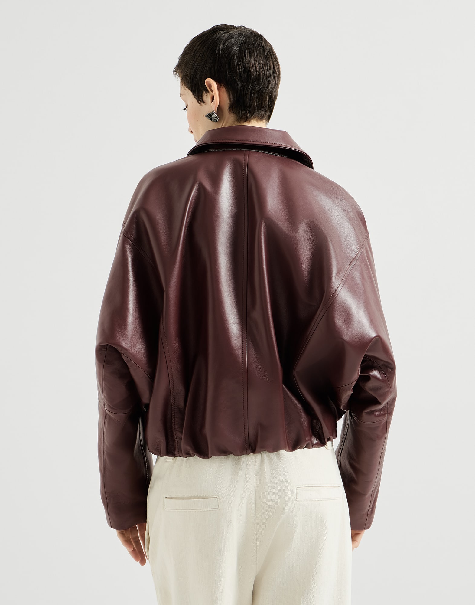 Nappa leather outerwear jacket with drawstring and monili