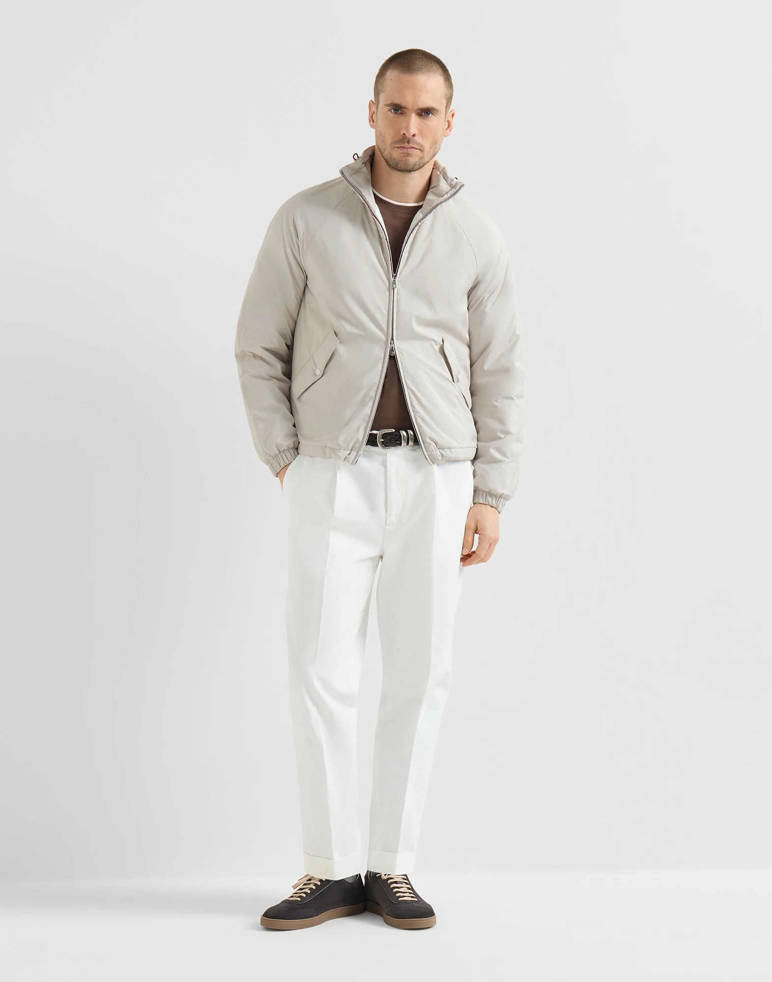 Lightweight nylon outerwear jacket with packable hood
