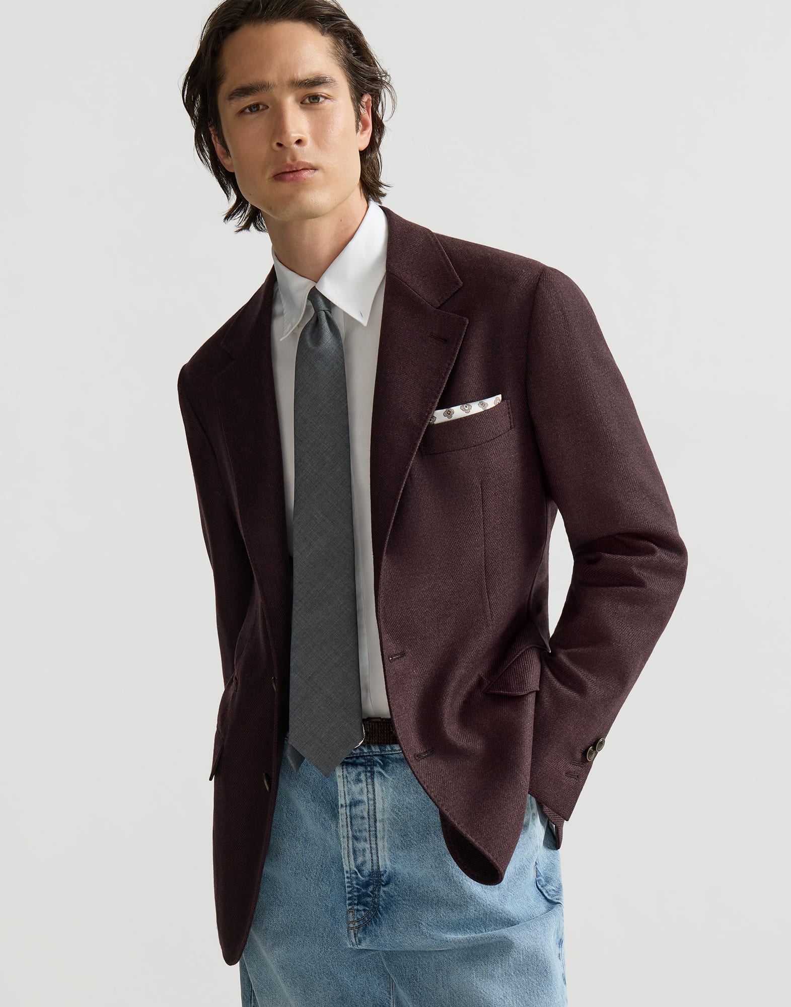 Mouliné virgin wool twill deconstructed blazer