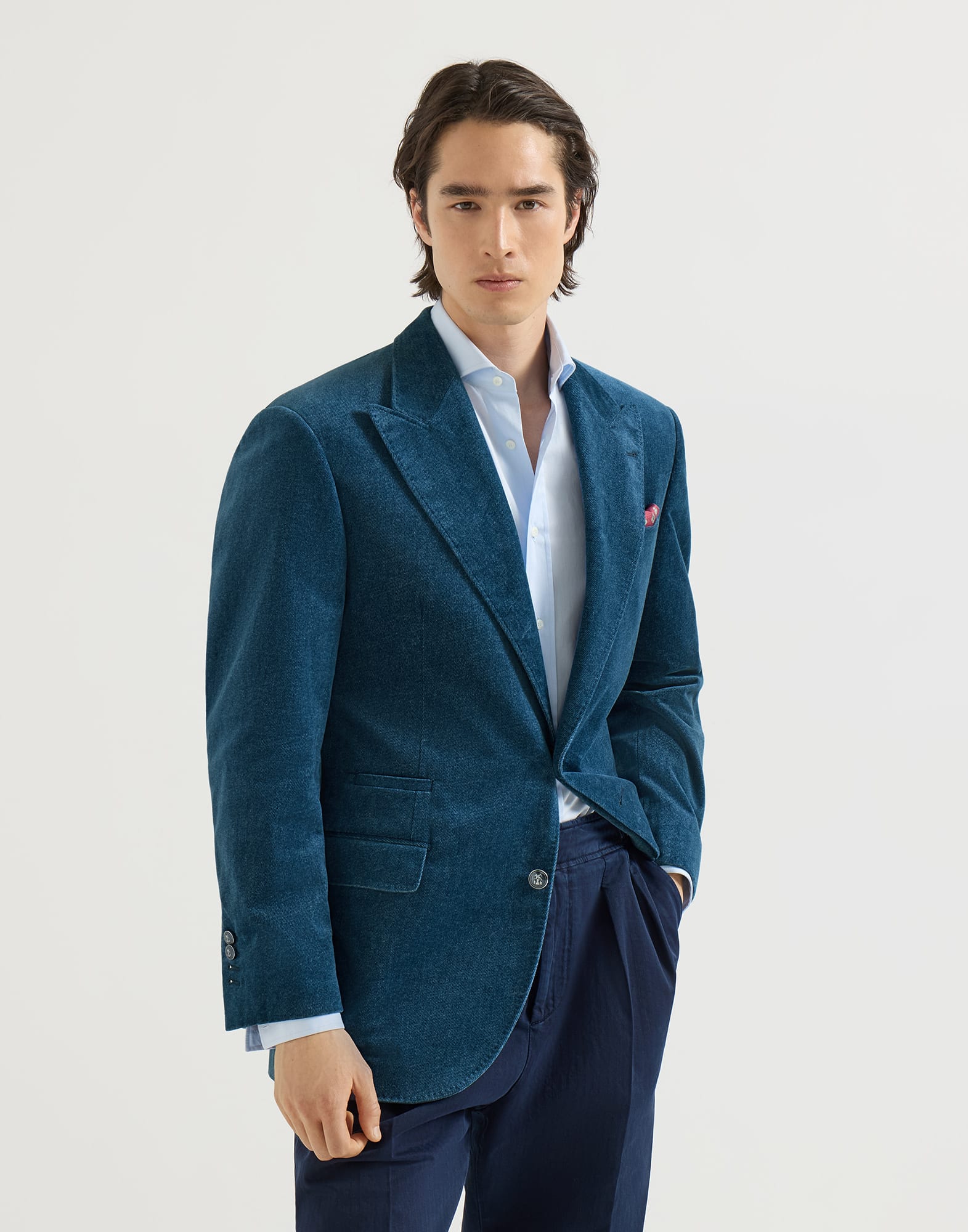 Denim-effect cotton velvet Tailor blazer with peak lapels
