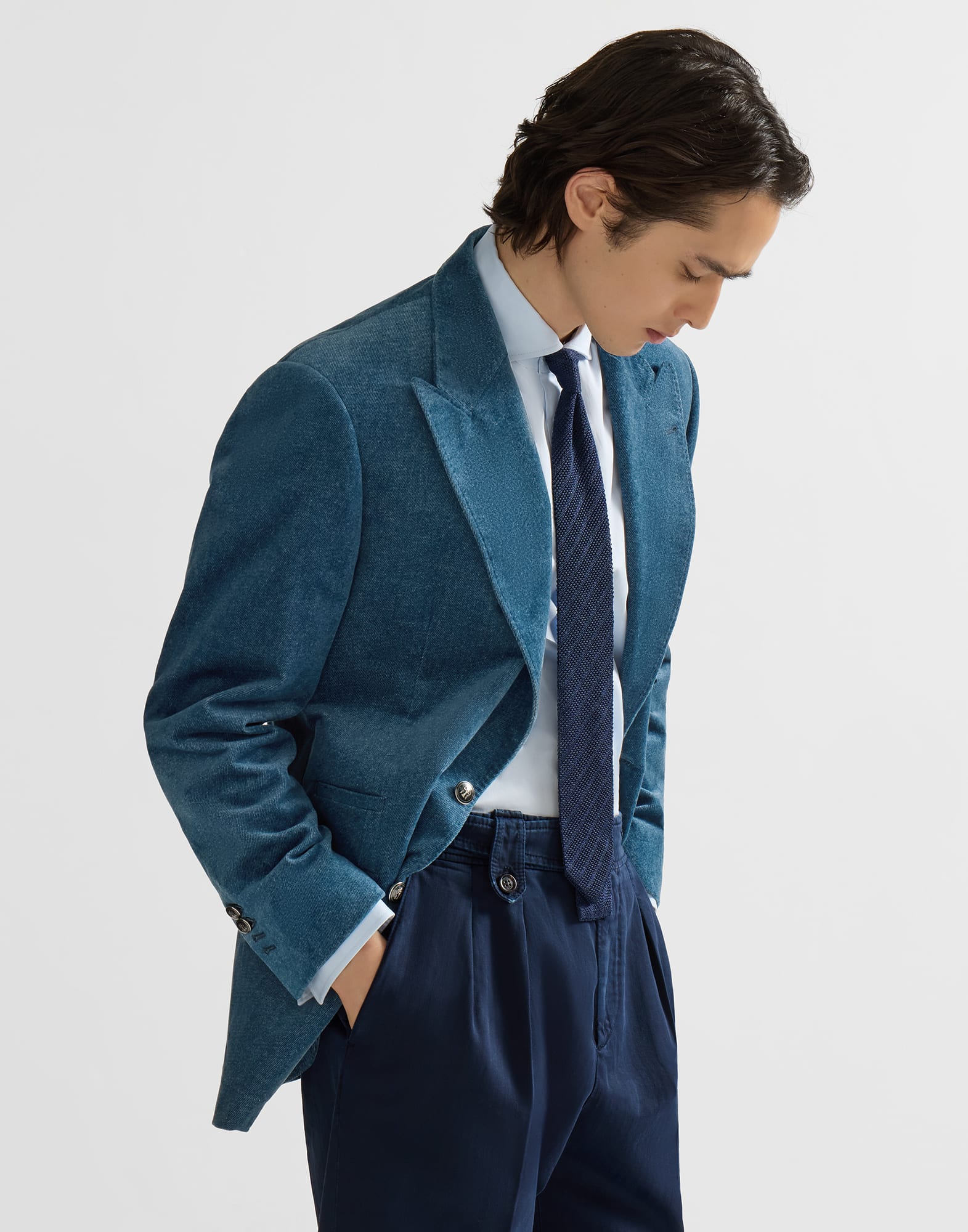 Denim-effect cotton velvet Tailor blazer with peak lapels