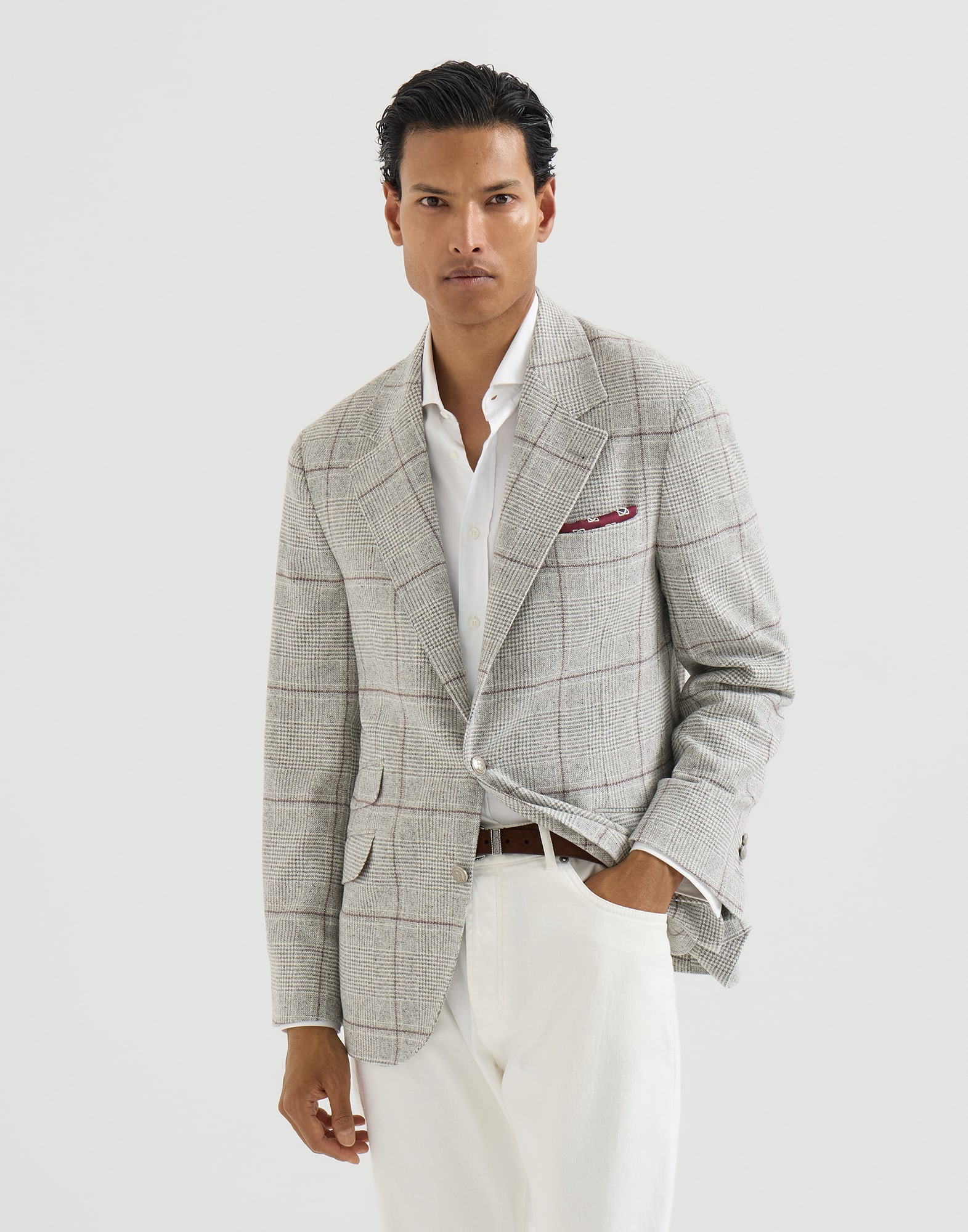 Silk, wool and cashmere Prince of Wales flannel deconstructed Cavallo blazer with metal buttons