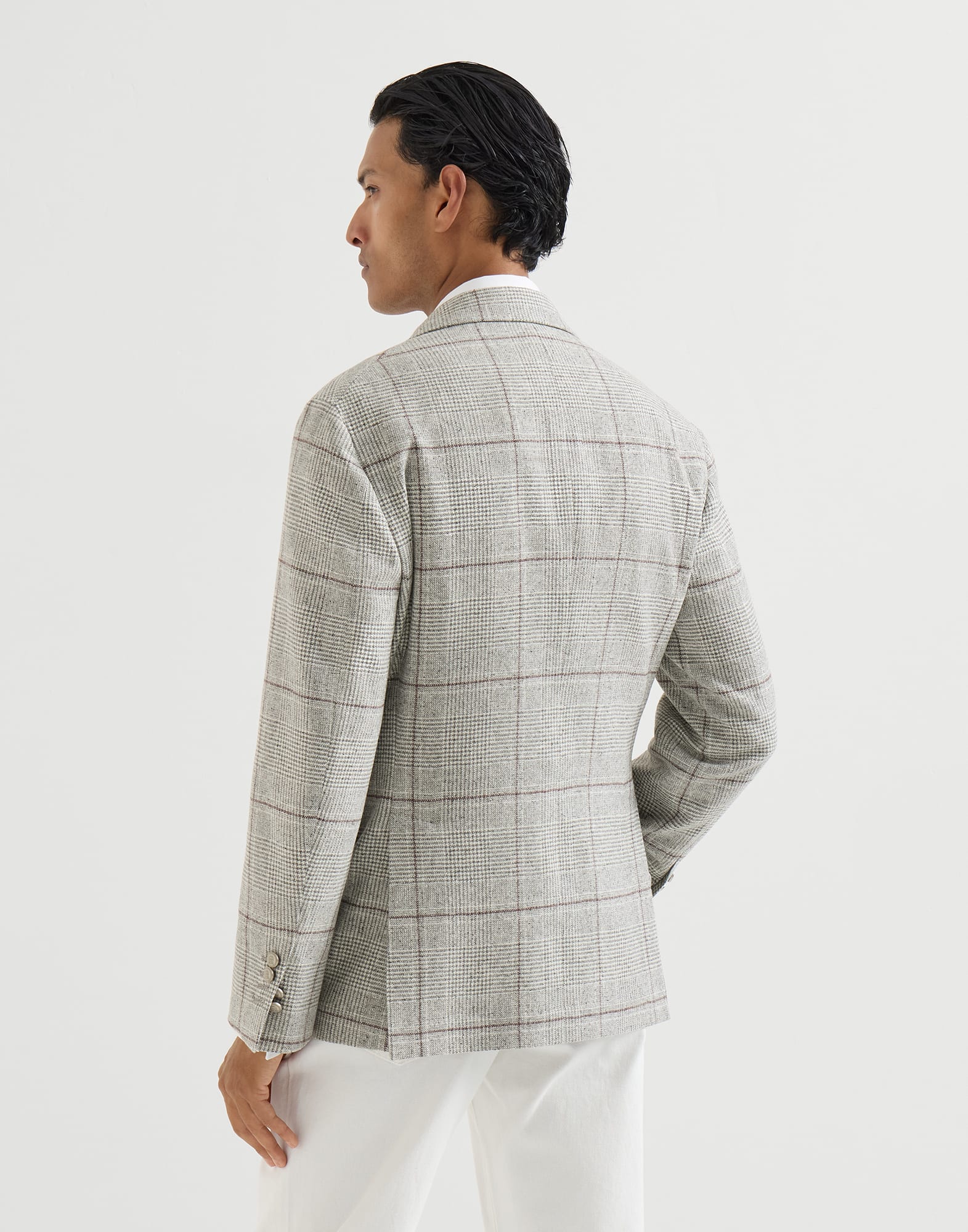 Silk, wool and cashmere Prince of Wales flannel deconstructed Cavallo blazer with metal buttons