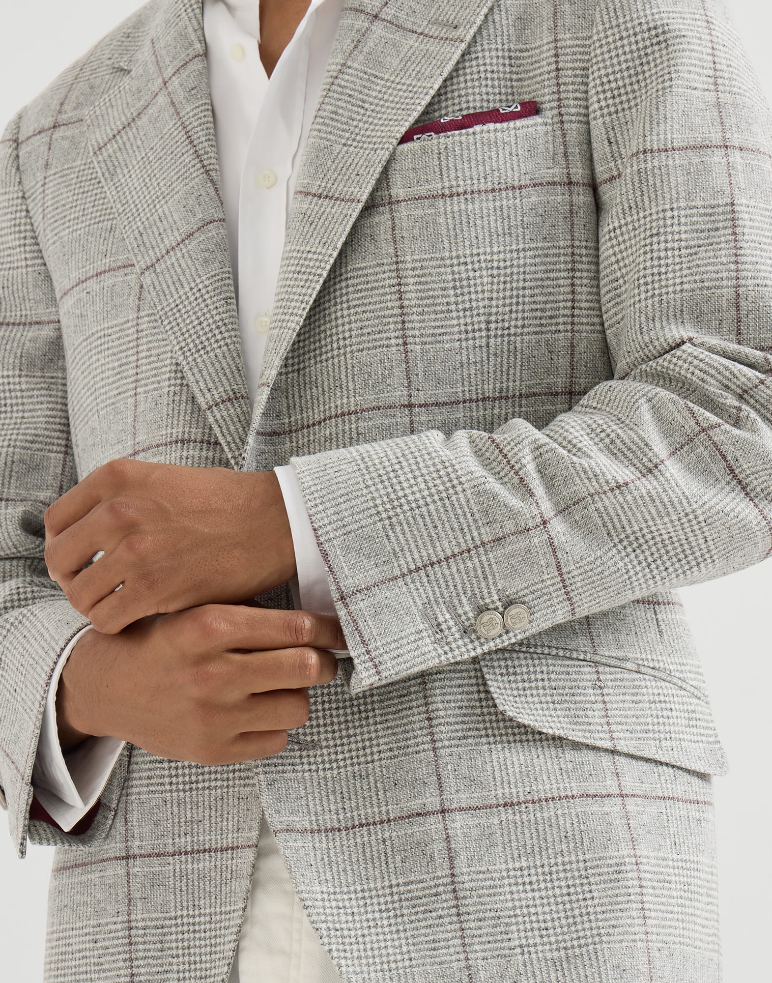 Silk, wool and cashmere Prince of Wales flannel deconstructed Cavallo blazer with metal buttons