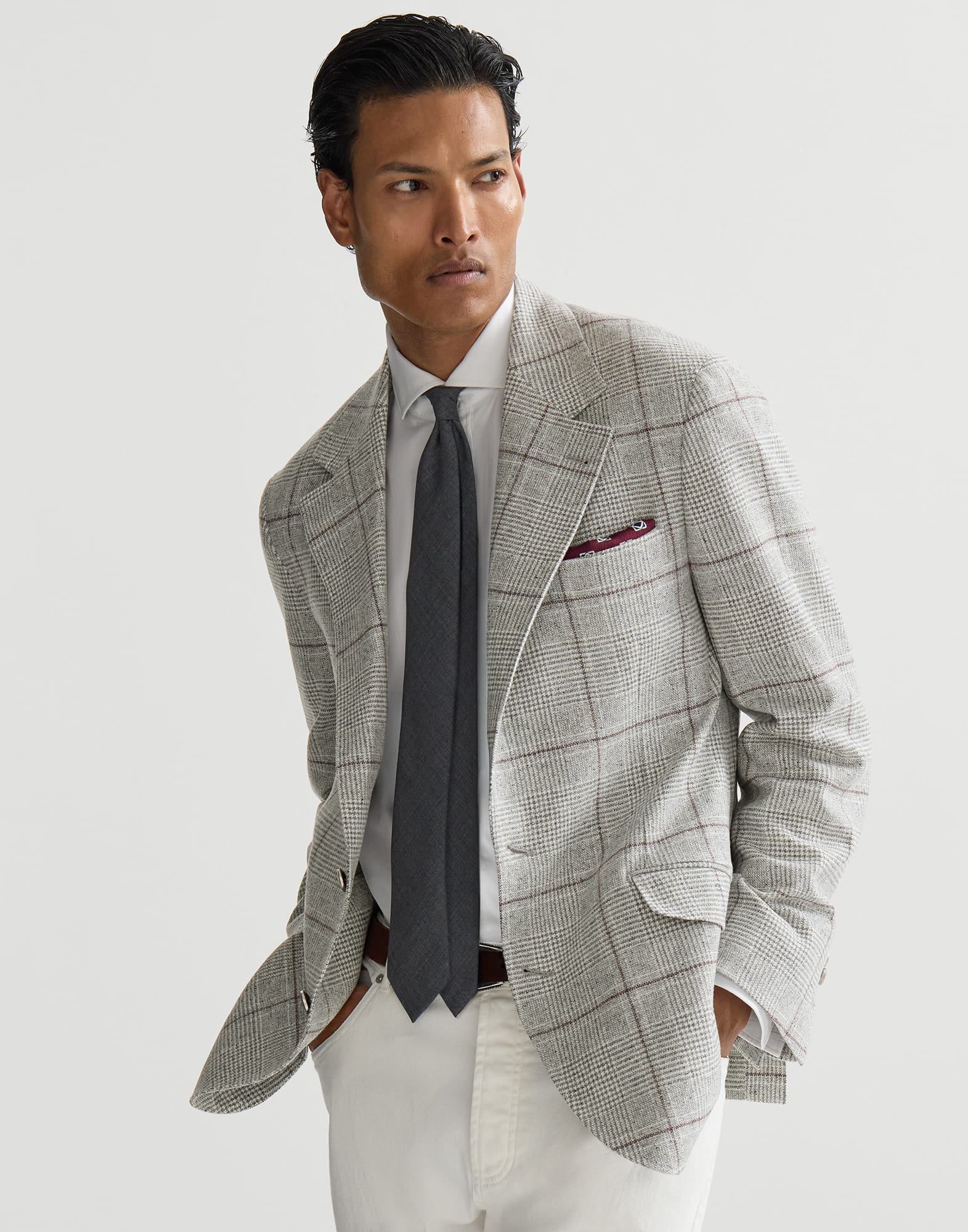 Silk, wool and cashmere Prince of Wales flannel deconstructed Cavallo blazer with metal buttons