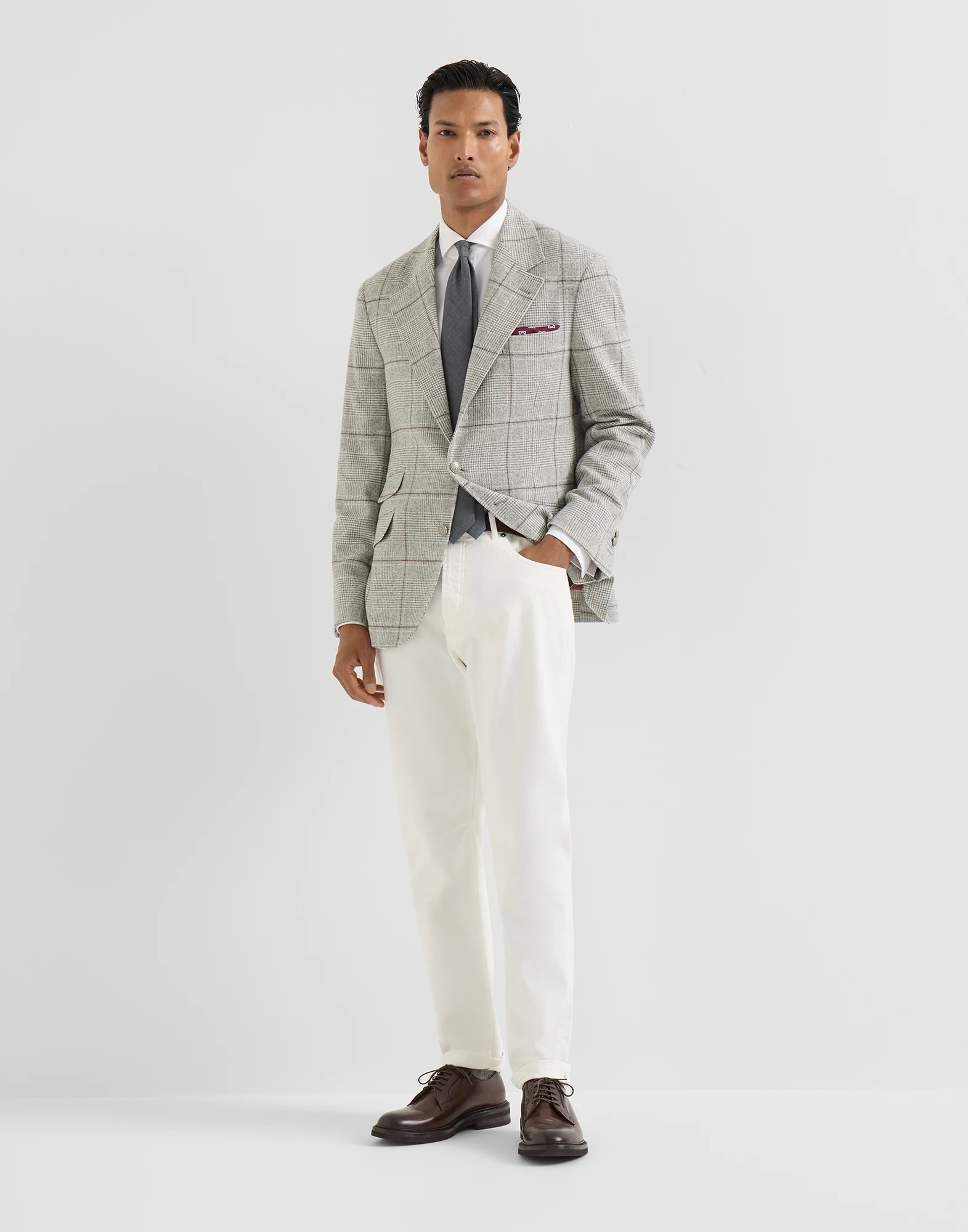 Silk, wool and cashmere Prince of Wales flannel deconstructed Cavallo blazer with metal buttons
