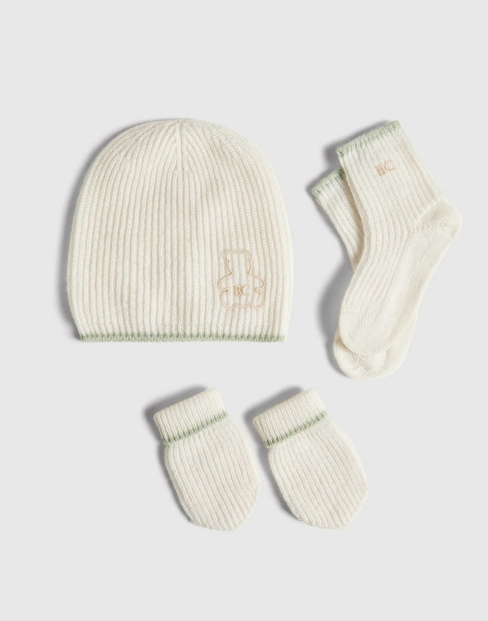 Set de gorro papalina, guantes y calcetines Baby Bernie en punto de cachemir acanalado