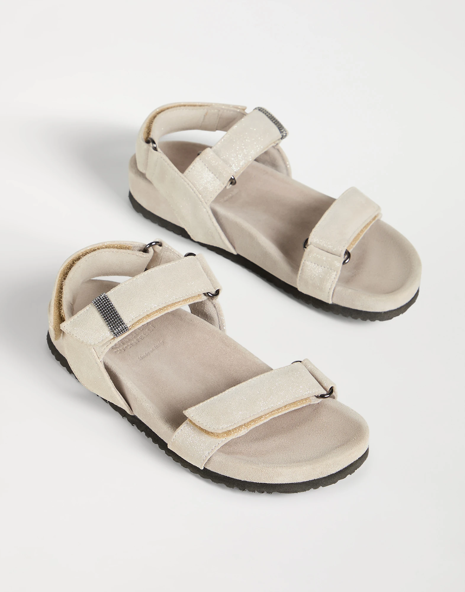 Lamé leather sandals with monili