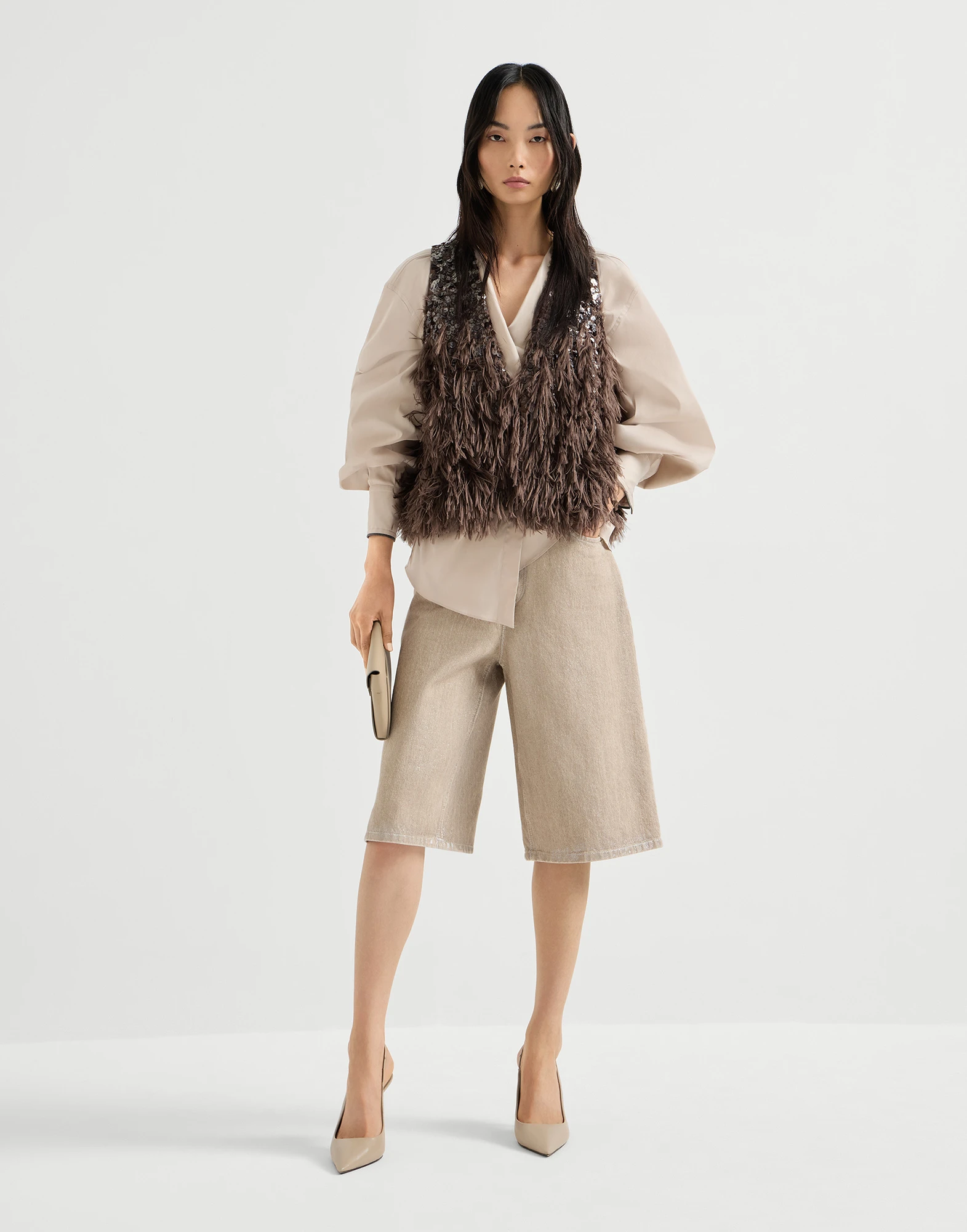 Stretch cotton poplin shirt with shiny cuffs
