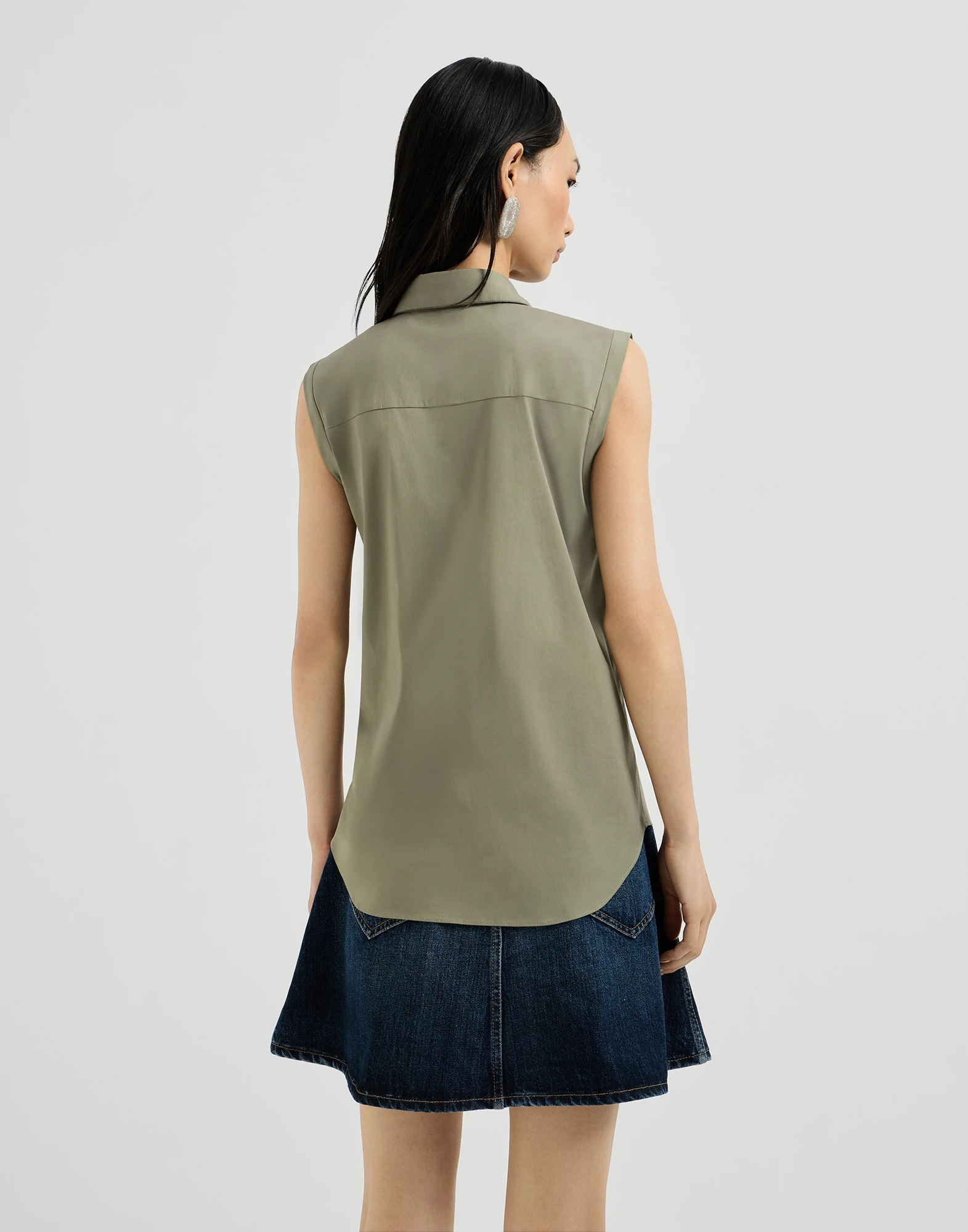 Stretch cotton poplin sleeveless shirt with shiny trim