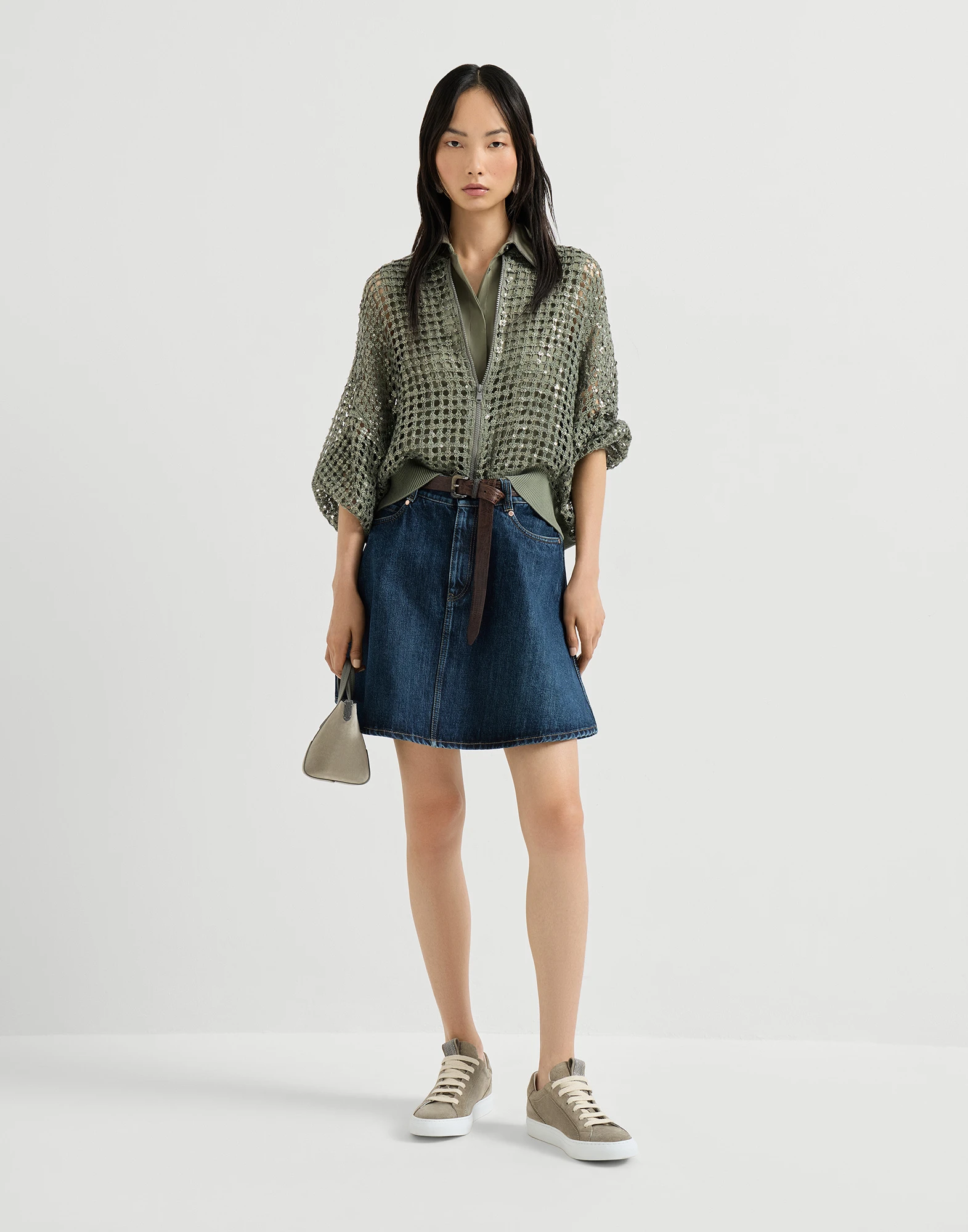 Stretch cotton poplin sleeveless shirt with shiny trim