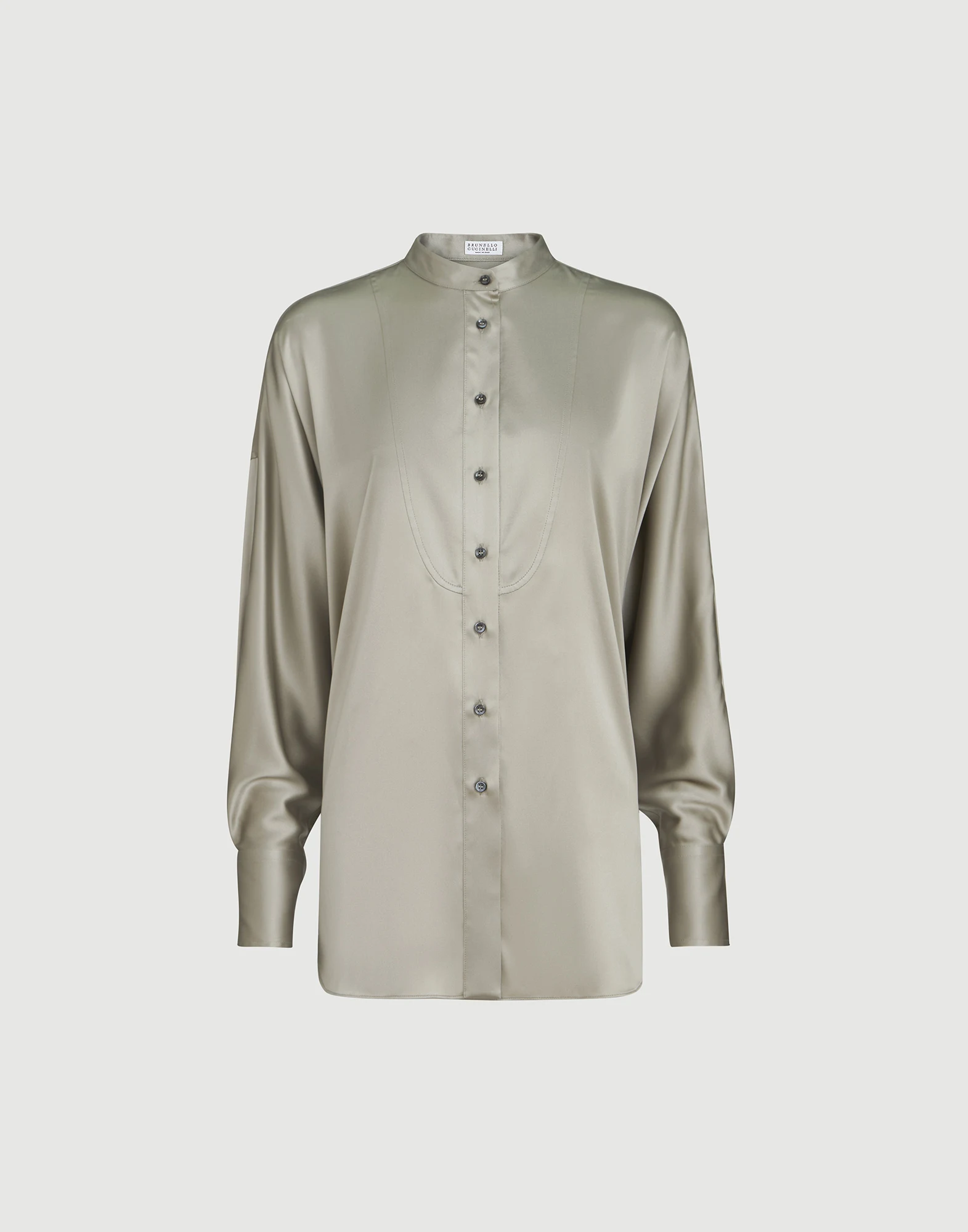 Camisa cuello mao en raso de seda elástico con Monile