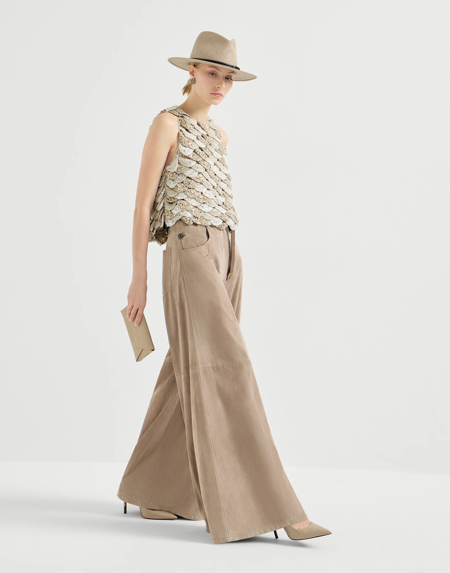 Suede maxi trousers with monili