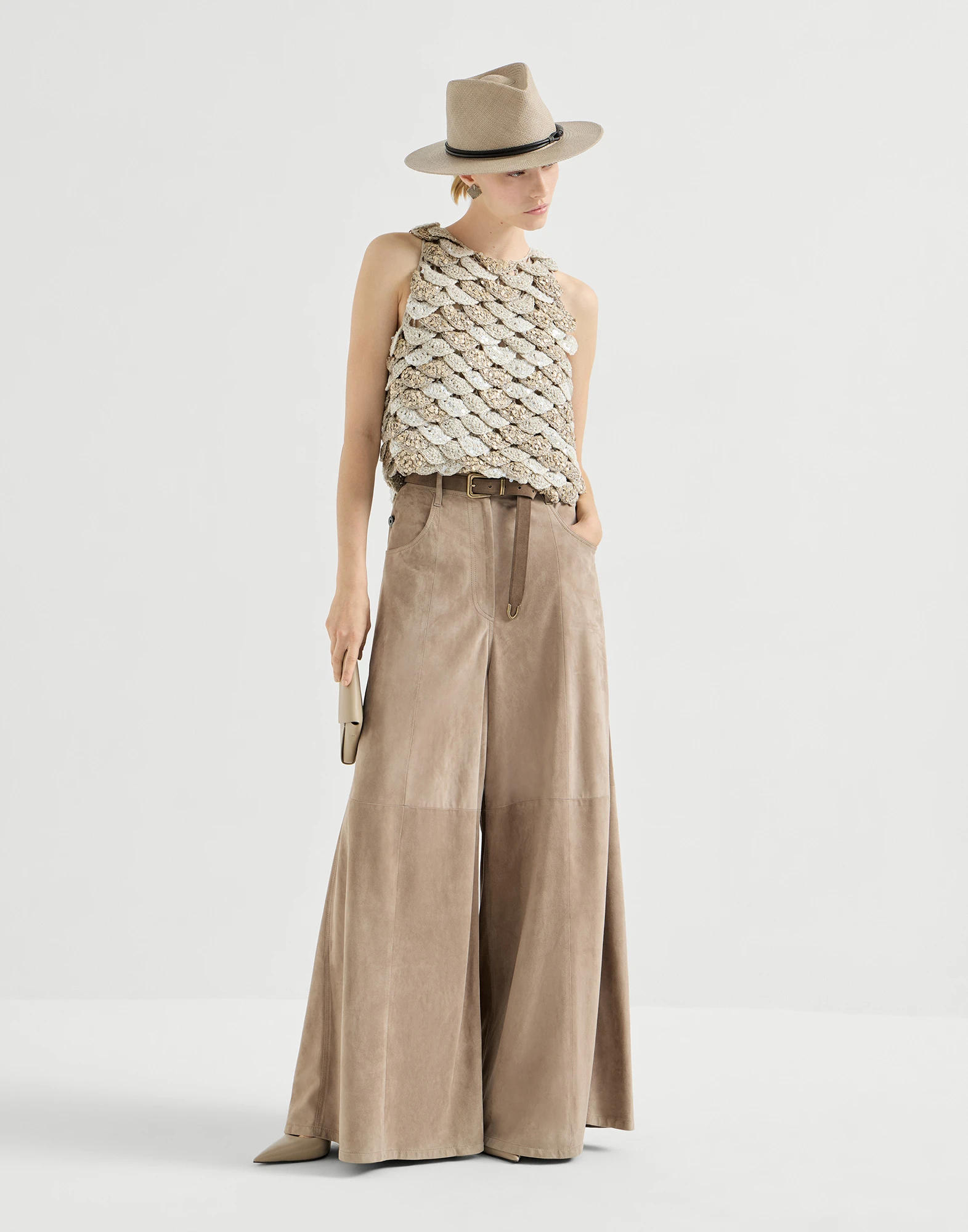 Suede maxi trousers with monili