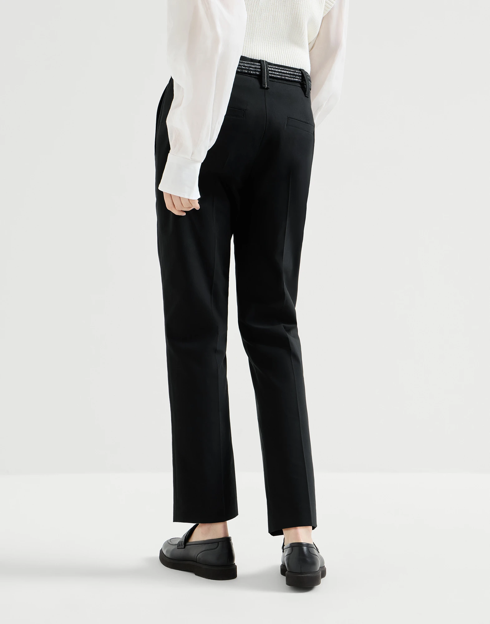 Stretch twisted cotton twill cigarette trousers with monili