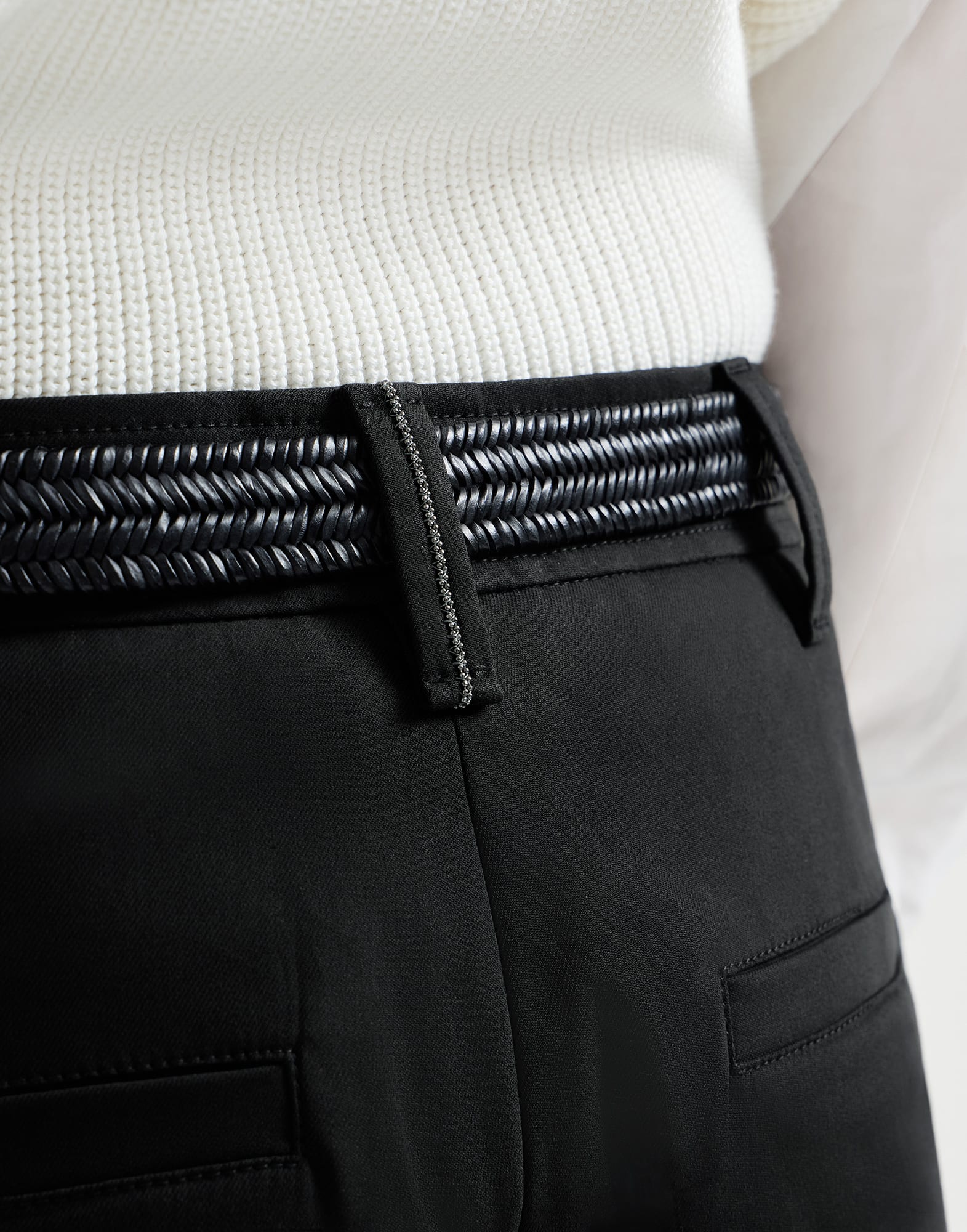 Stretch twisted cotton twill cigarette trousers with monili