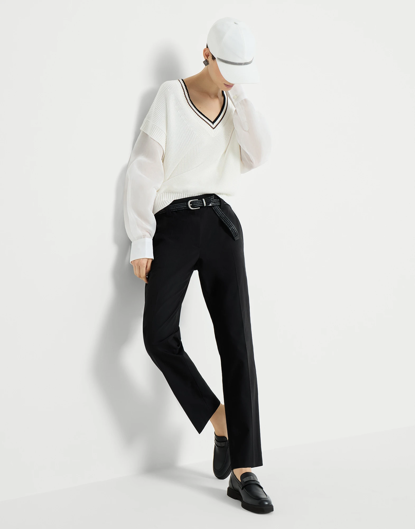 Stretch twisted cotton twill cigarette trousers with monili