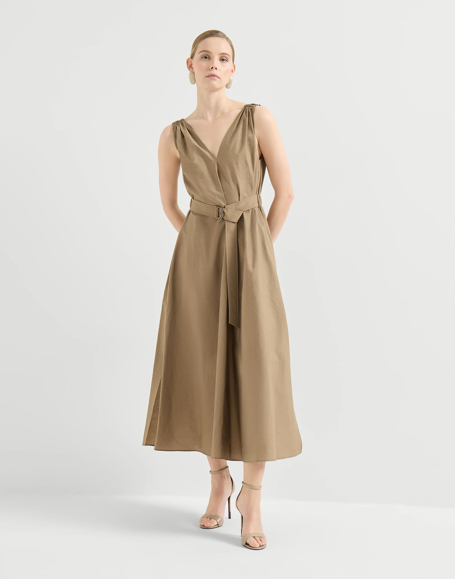 Techno cotton poplin belted dress with precious shoulder detail