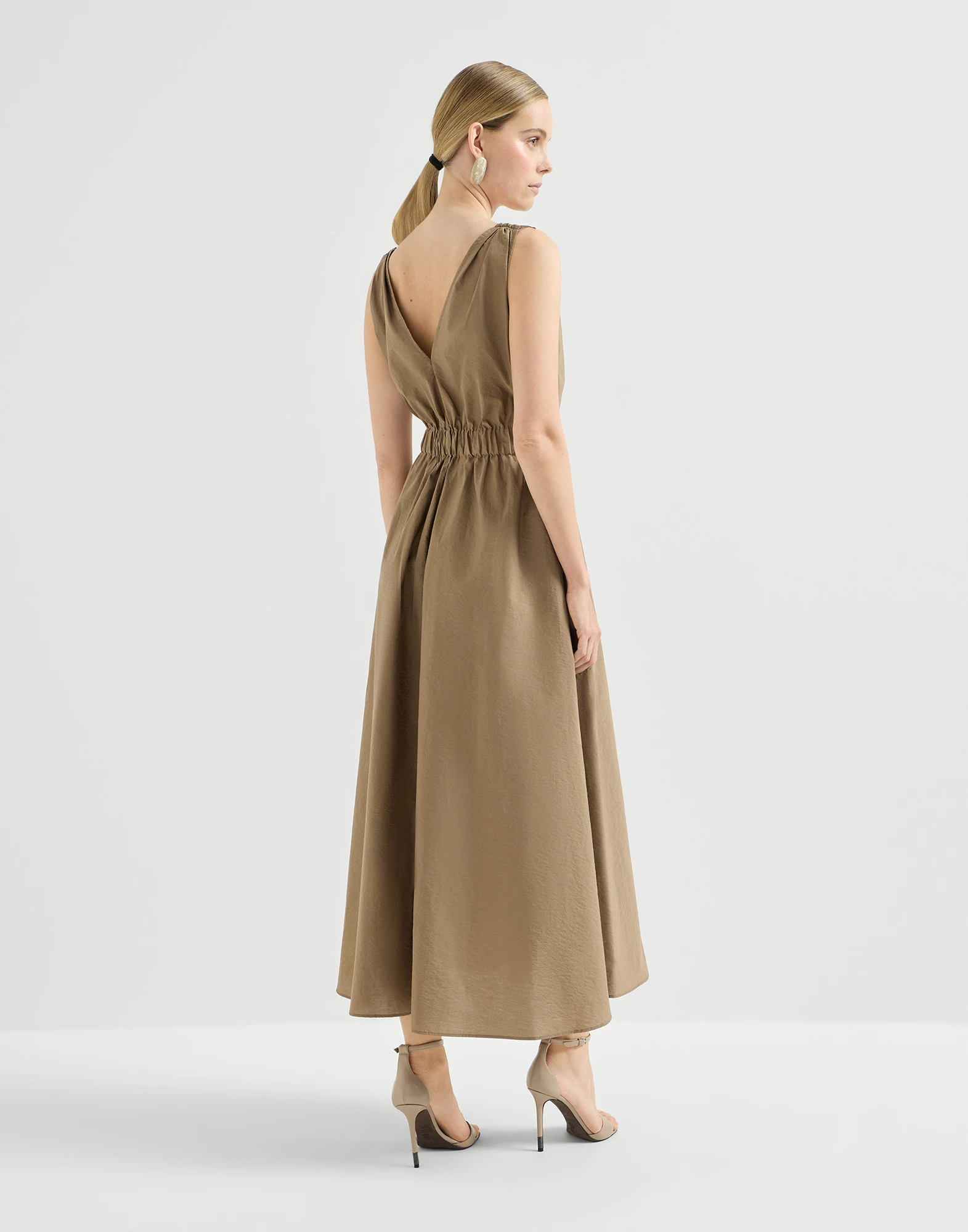 Techno cotton poplin belted dress with precious shoulder detail