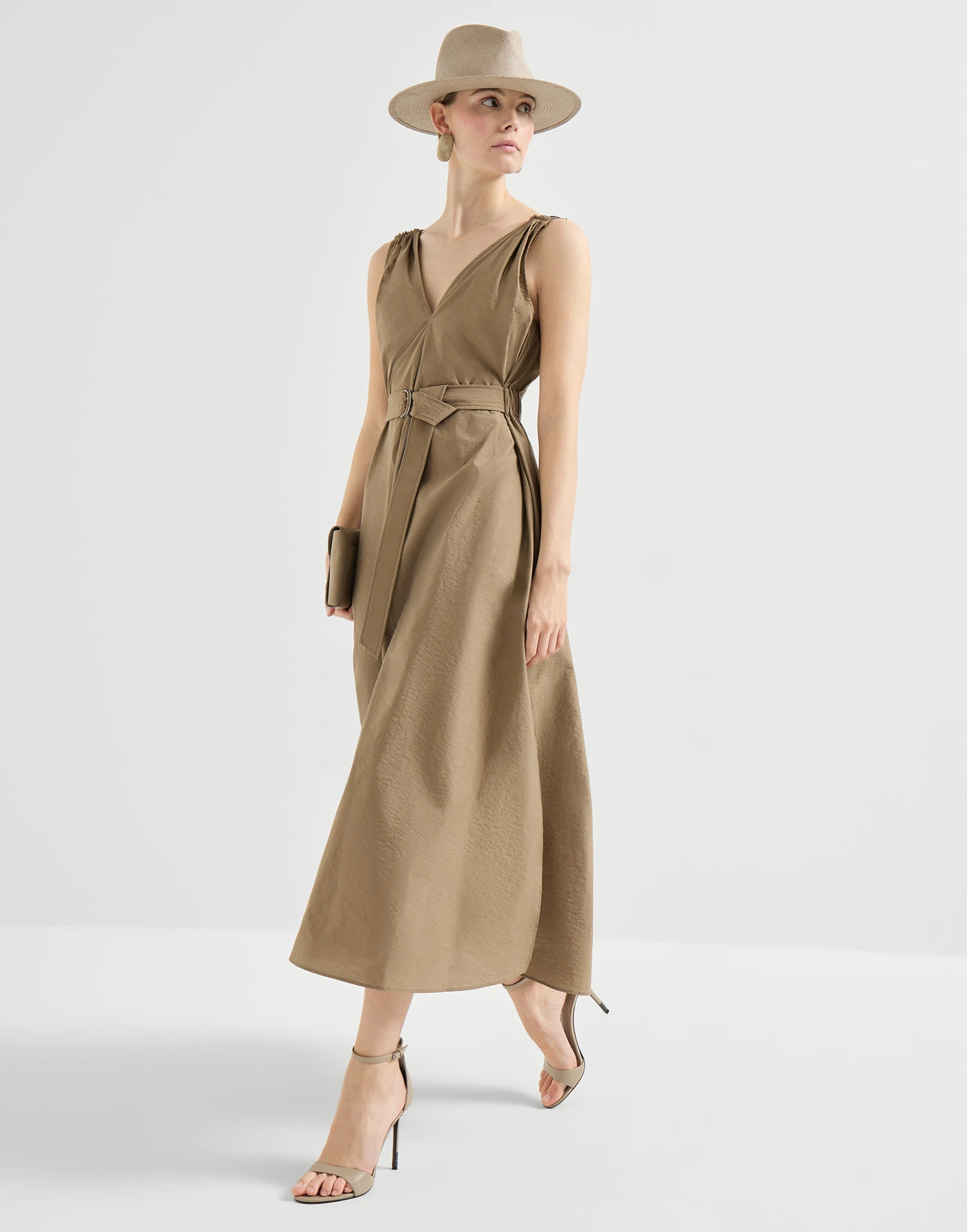 Techno cotton poplin belted dress with precious shoulder detail
