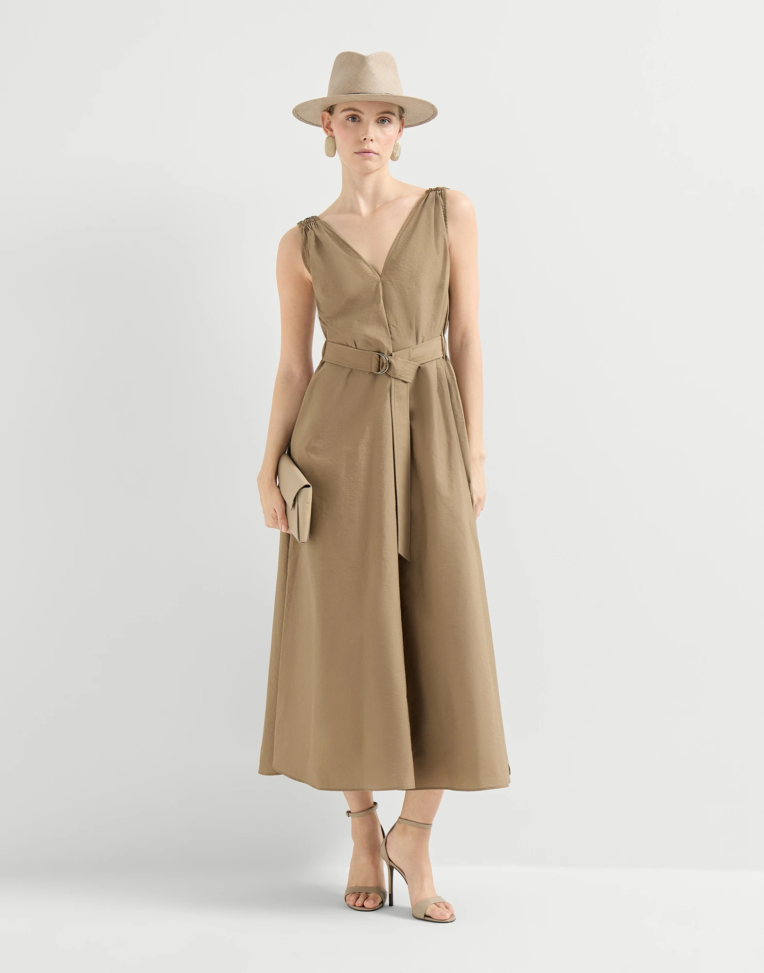 Techno cotton poplin belted dress with precious shoulder detail