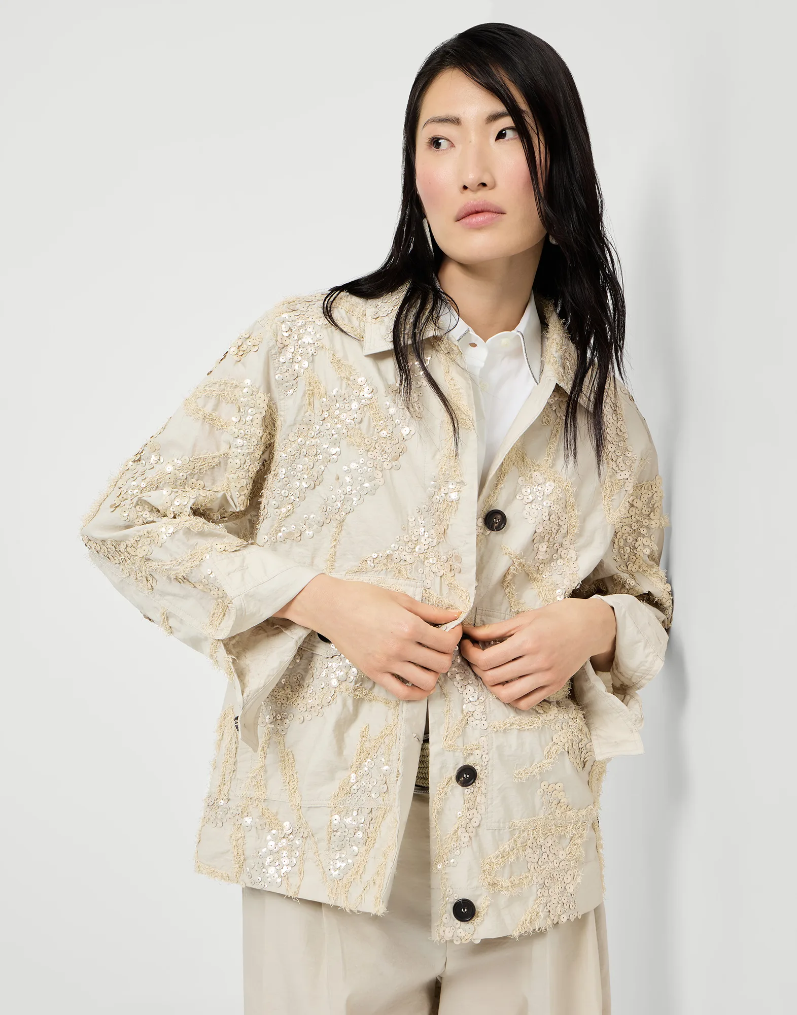 Dazzling seabed embroidery outerwear jacket in techno cotton poplin