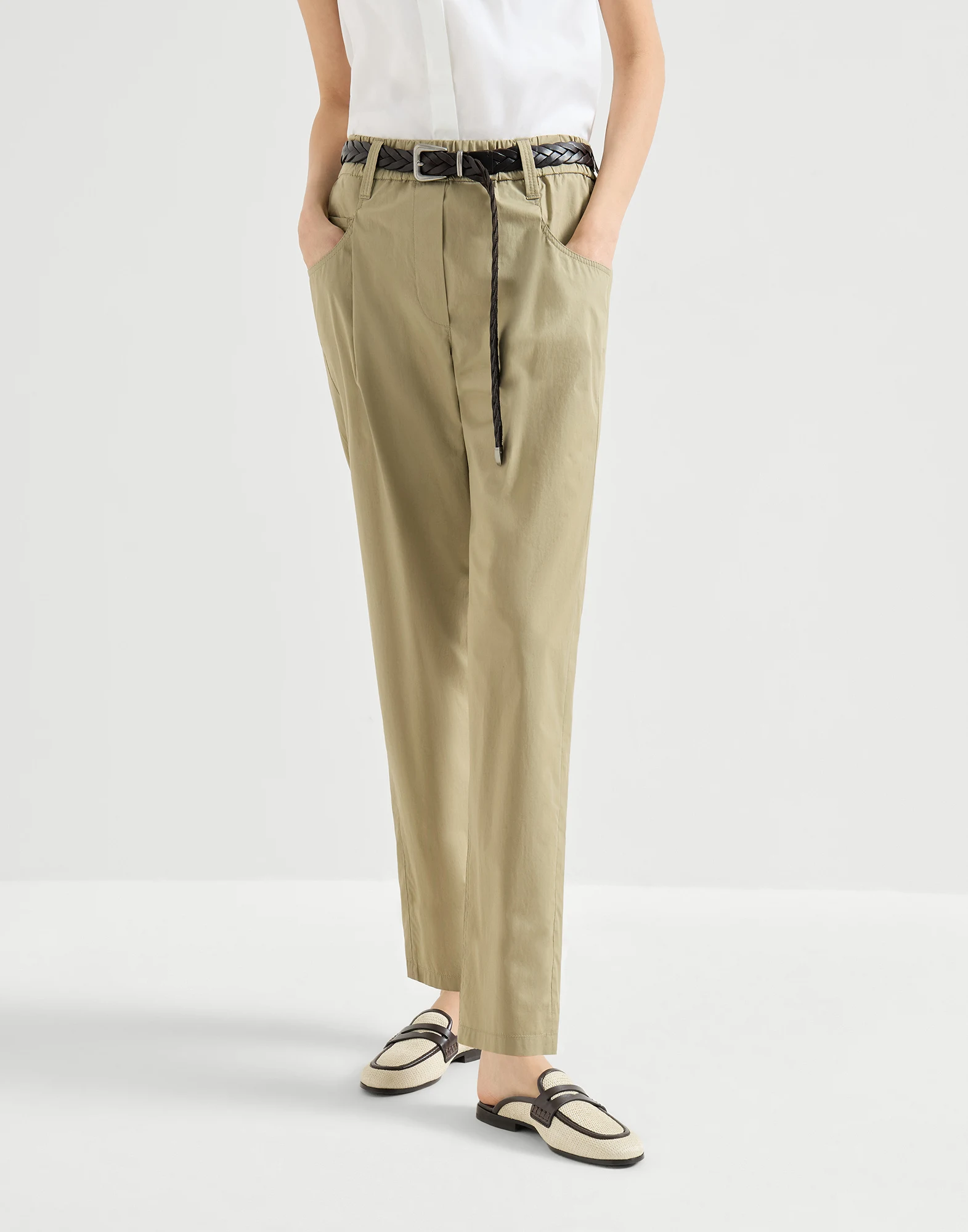 Lightweight poplin five-pocket track trousers with monili