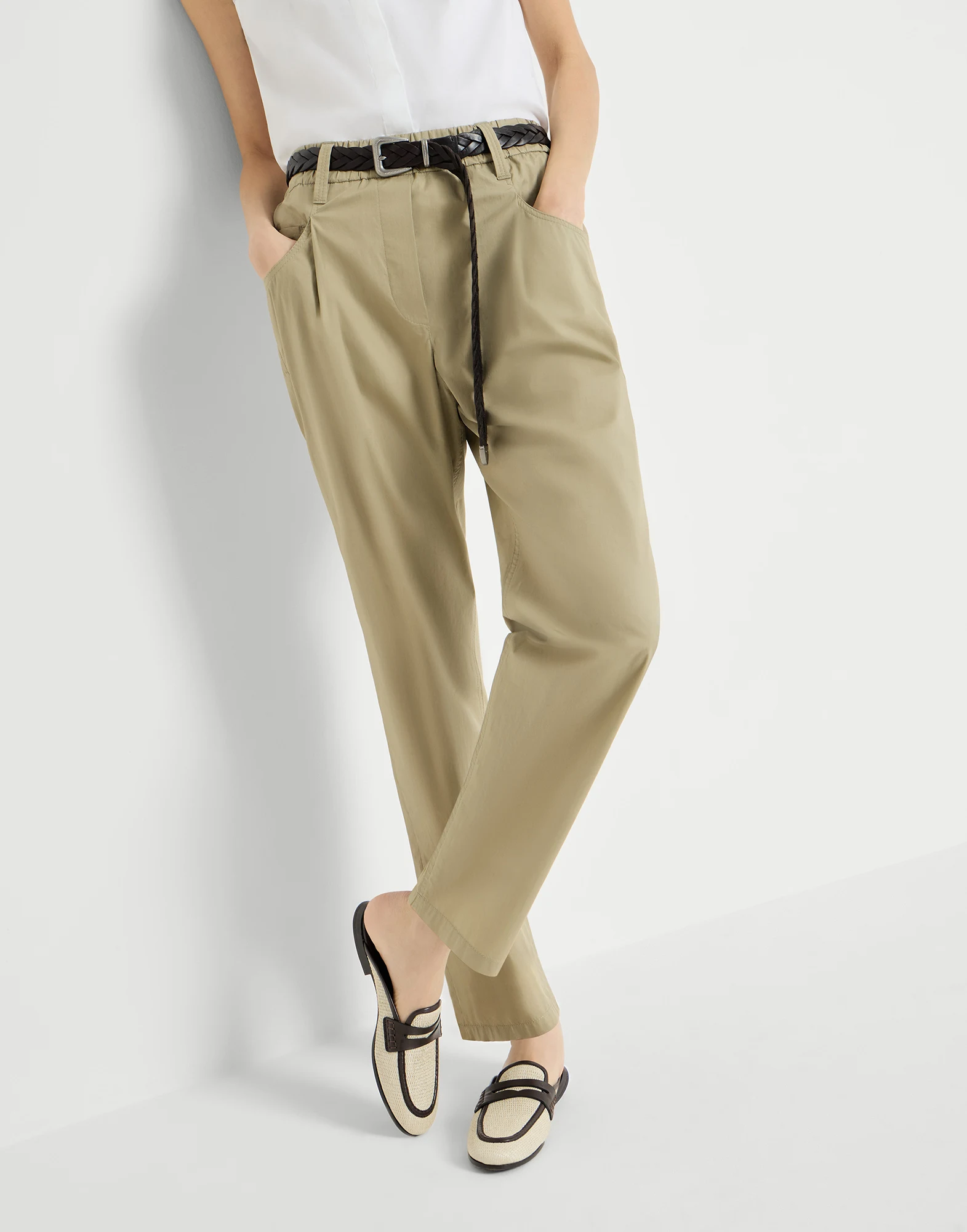 Lightweight poplin five-pocket track trousers with monili