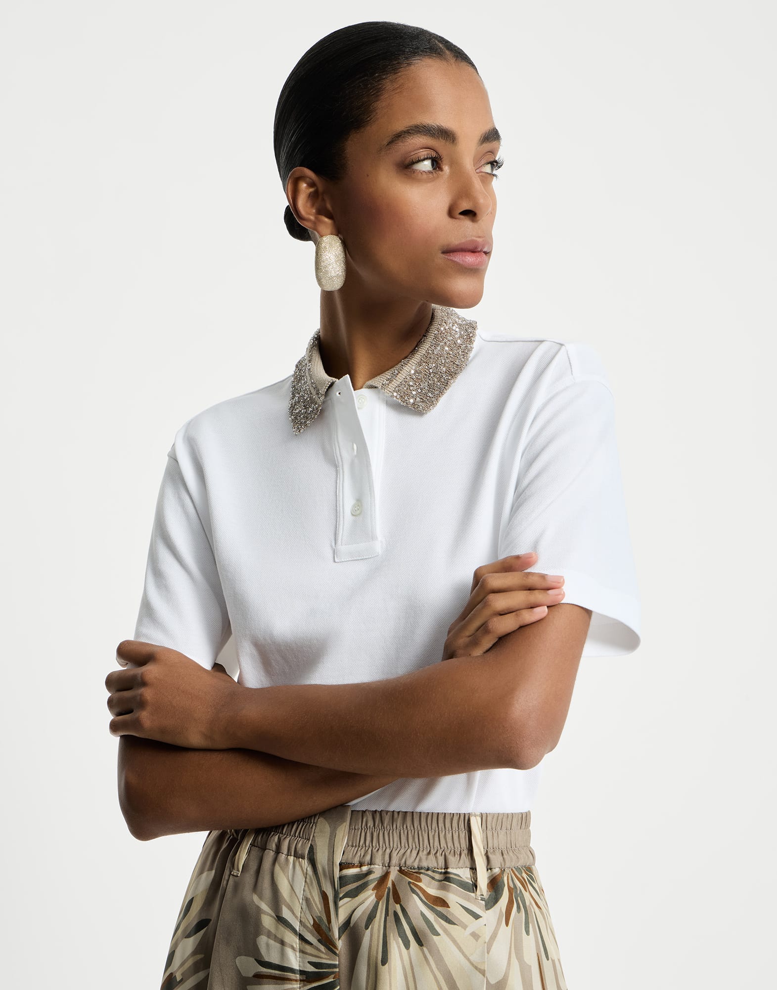 Cotton jersey polo shirt with dazzling knit collar