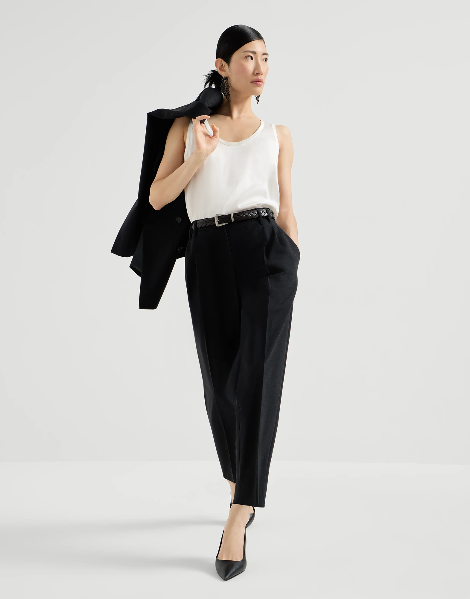 Tropical luxury wool slouchy trousers with monili