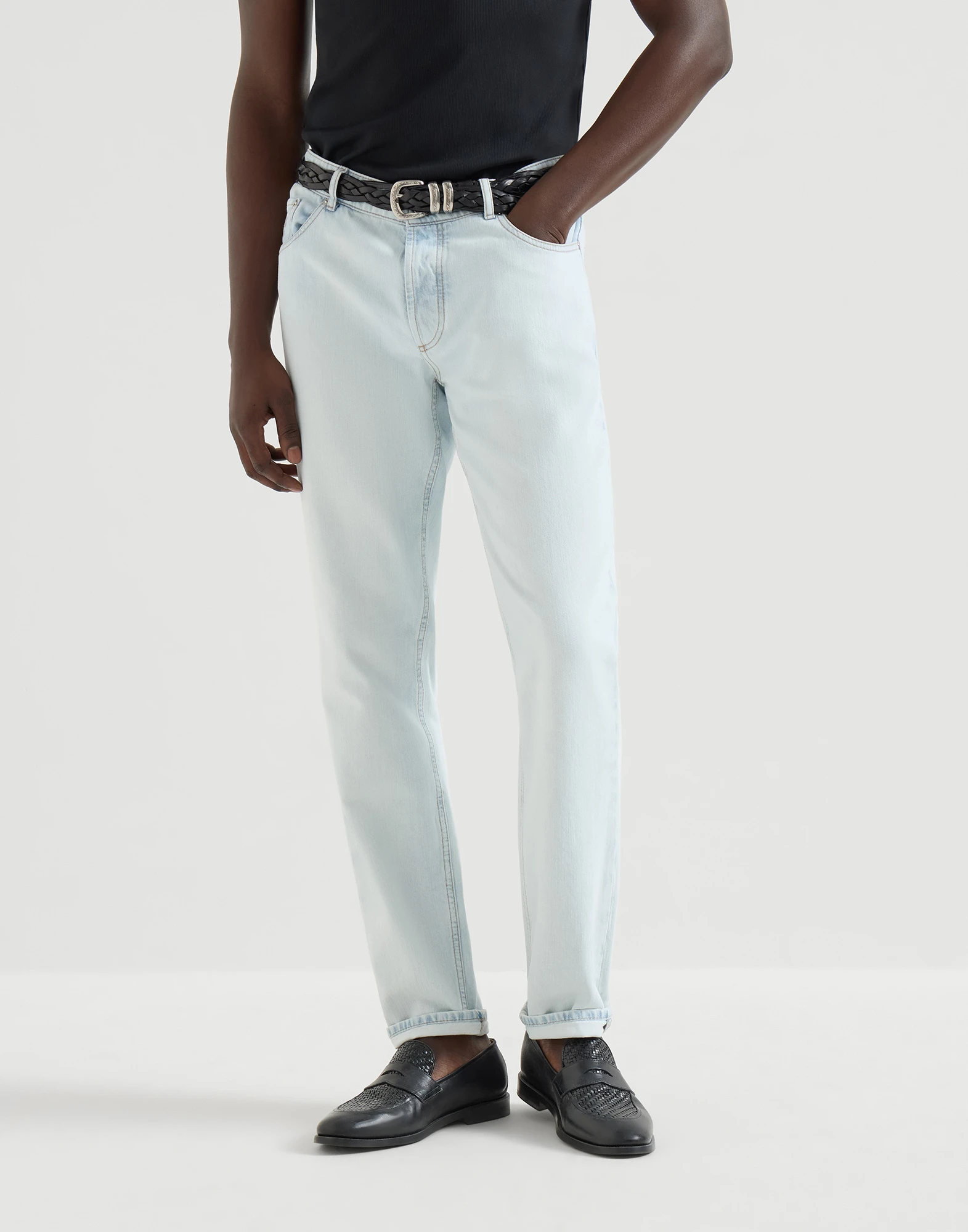 Lightweight denim traditional fit five-pocket trousers