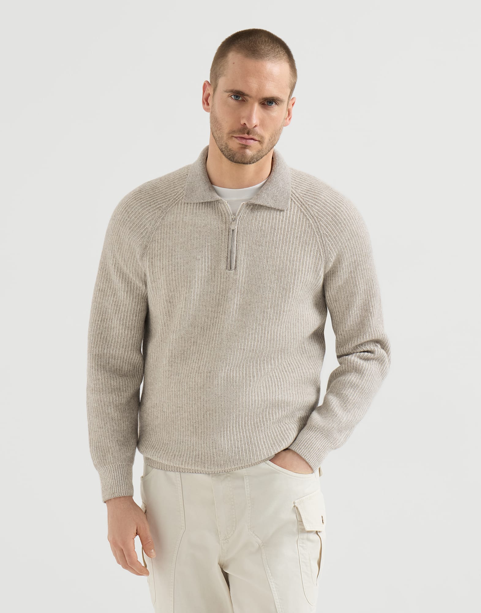 Cashmere vanisé English rib knit polo with half zip