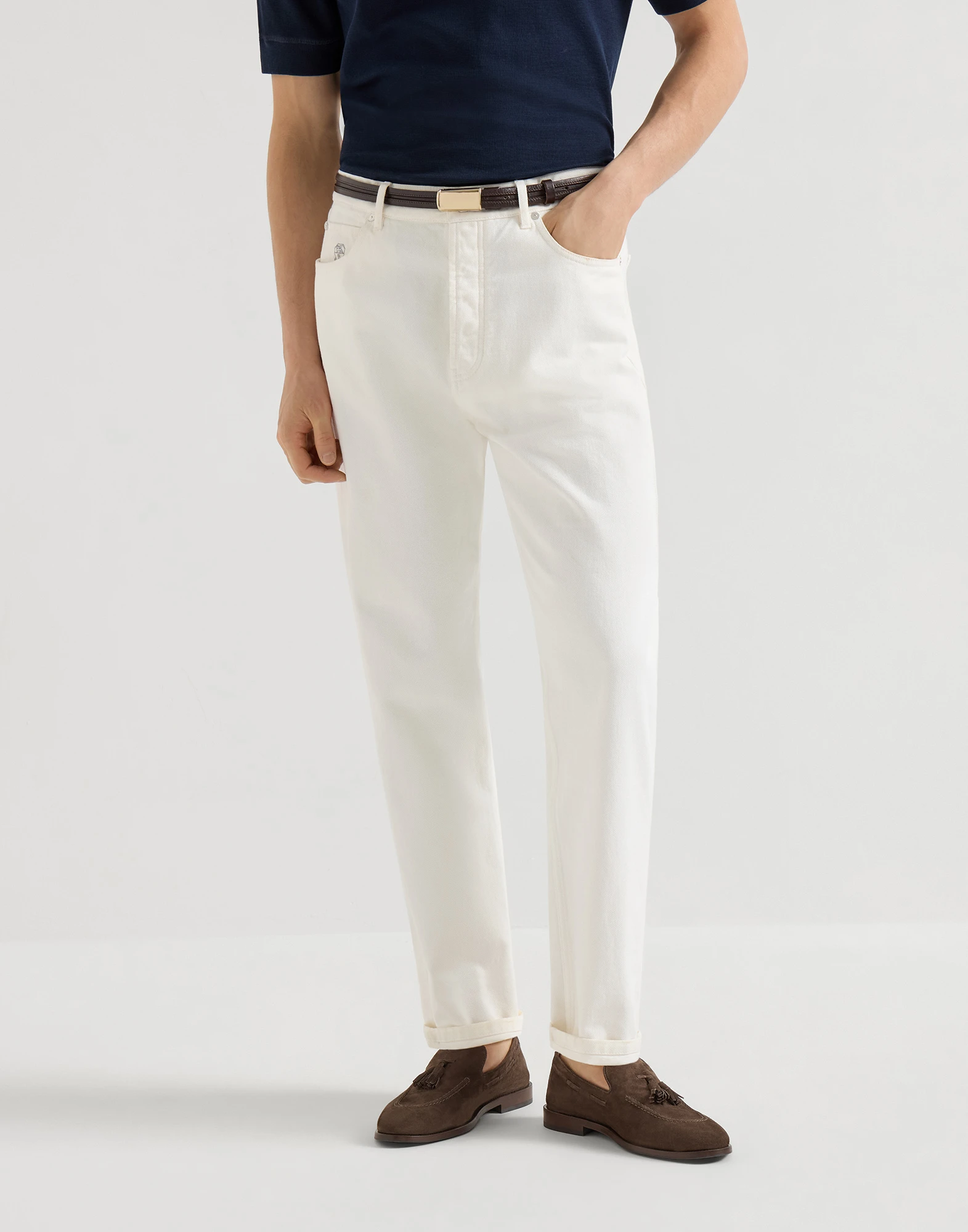 Garment-dyed iconic fit five-pocket trousers in denim