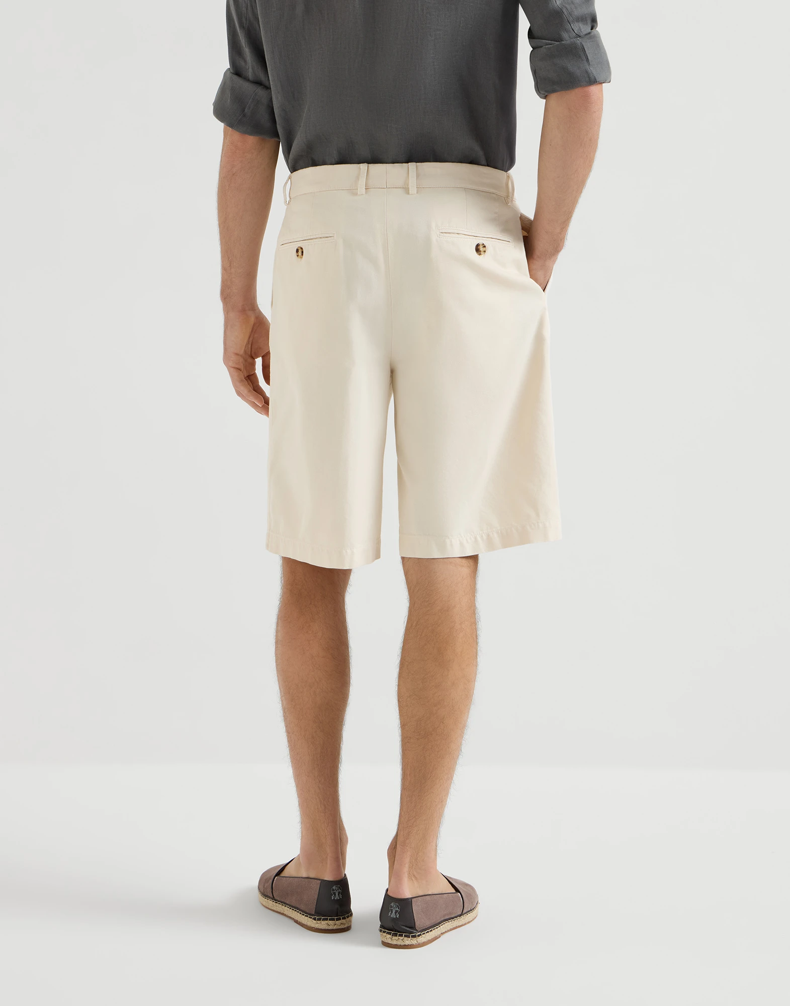 Garment-dyed Bermuda shorts in twisted cotton gabardine with pleats and tabbed waistband