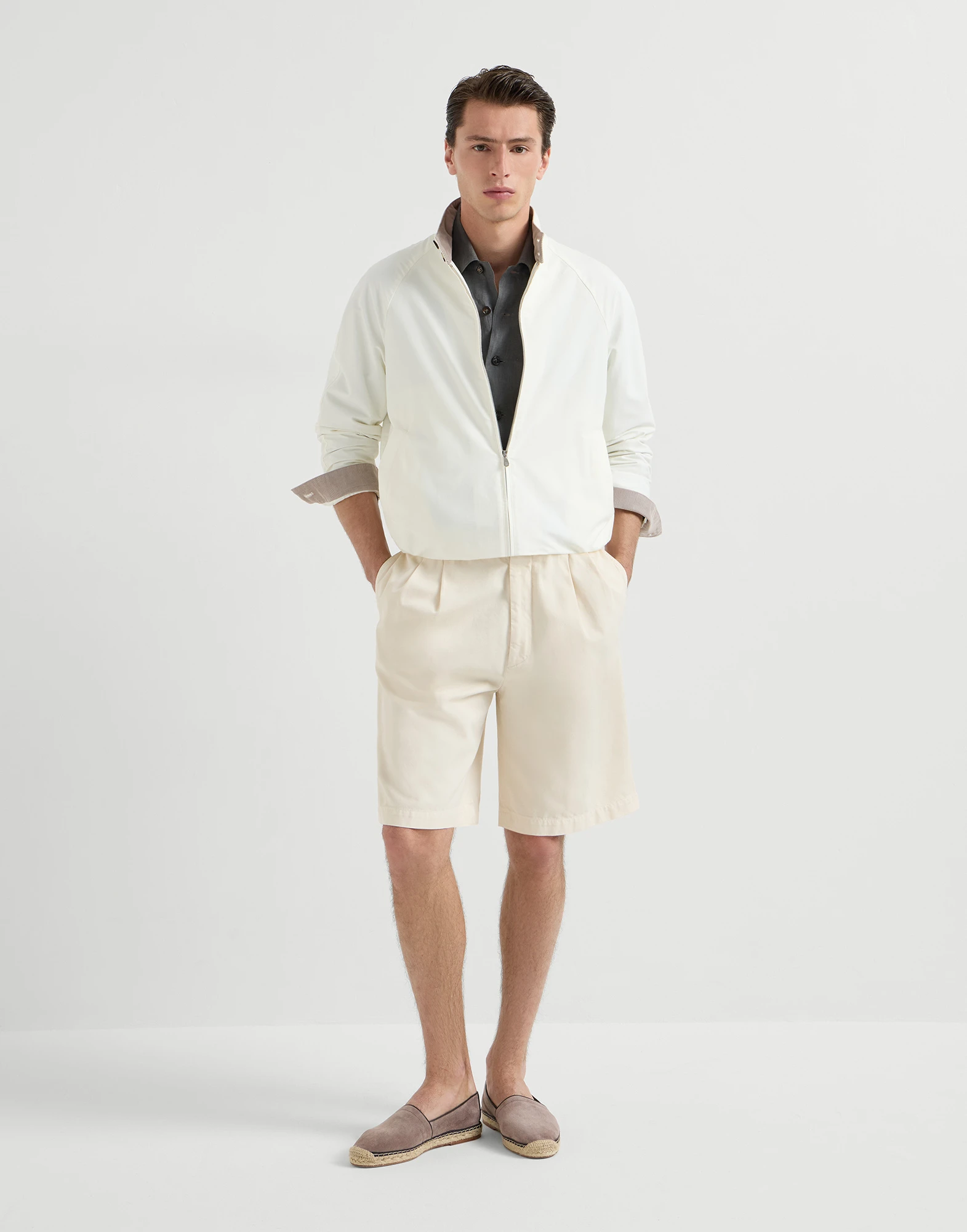 Garment-dyed Bermuda shorts in twisted cotton gabardine with pleats and tabbed waistband