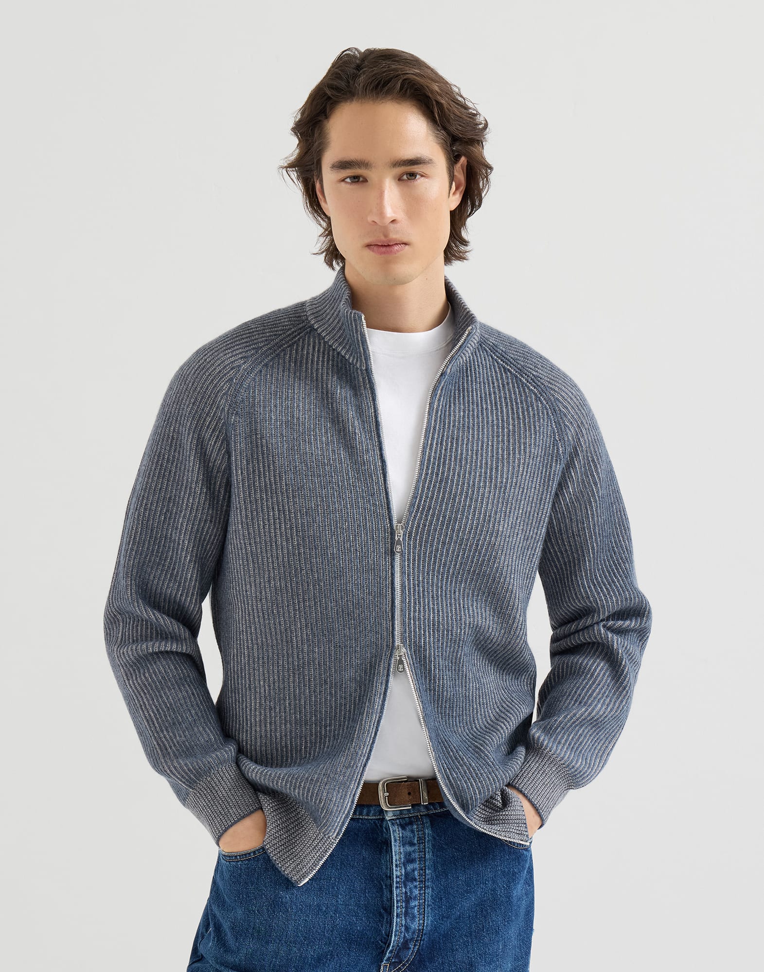 Cashmere vanisé English rib high-neck cardigan with zipper