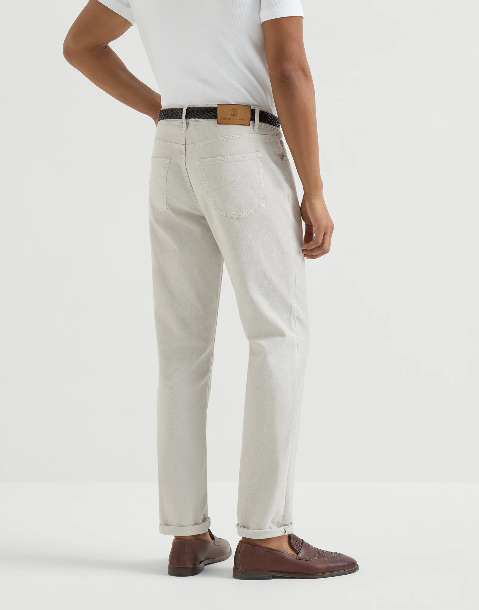 Garment-dyed comfort lightweight denim traditional fit five-pocket trousers
