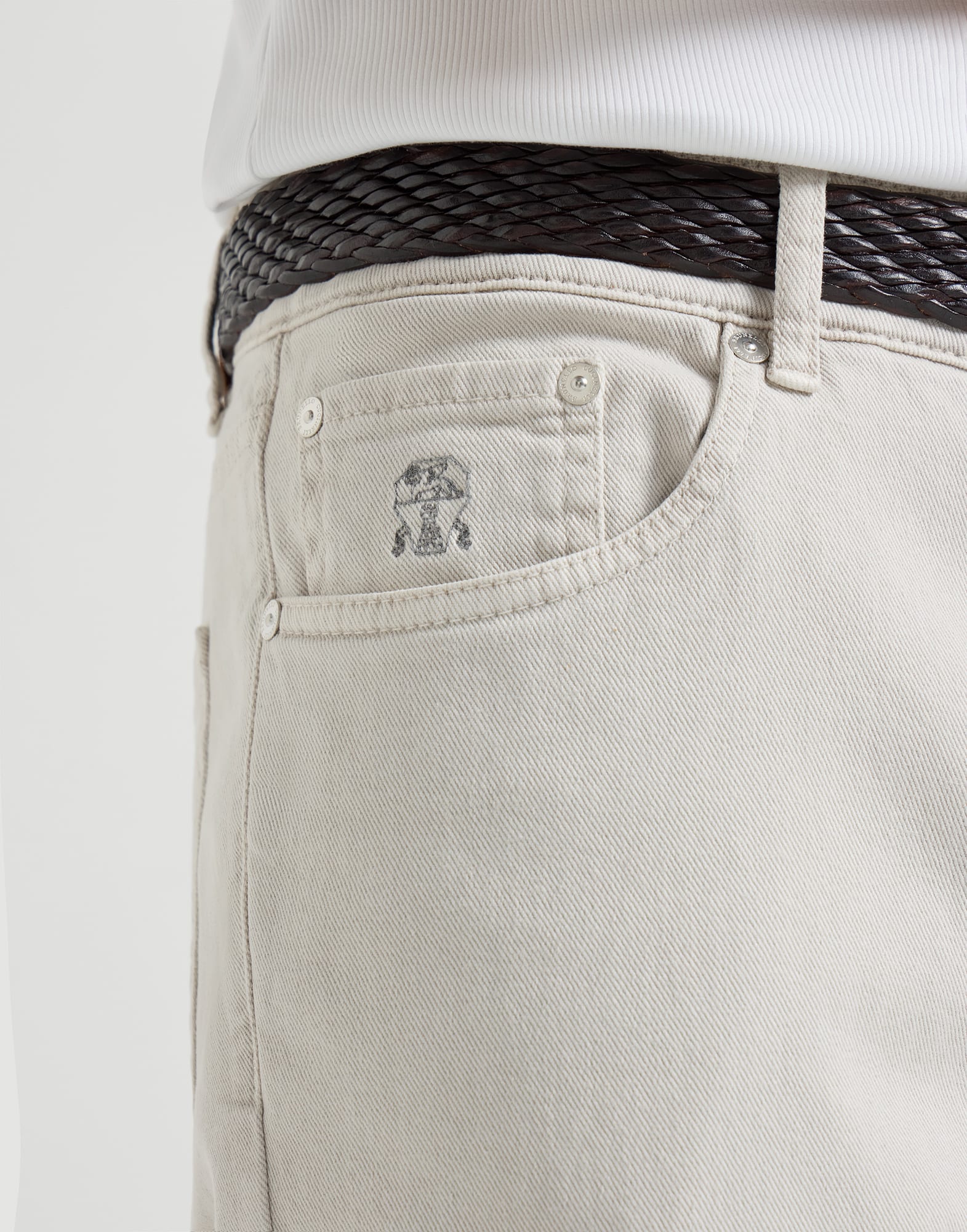 Garment-dyed comfort lightweight denim traditional fit five-pocket trousers