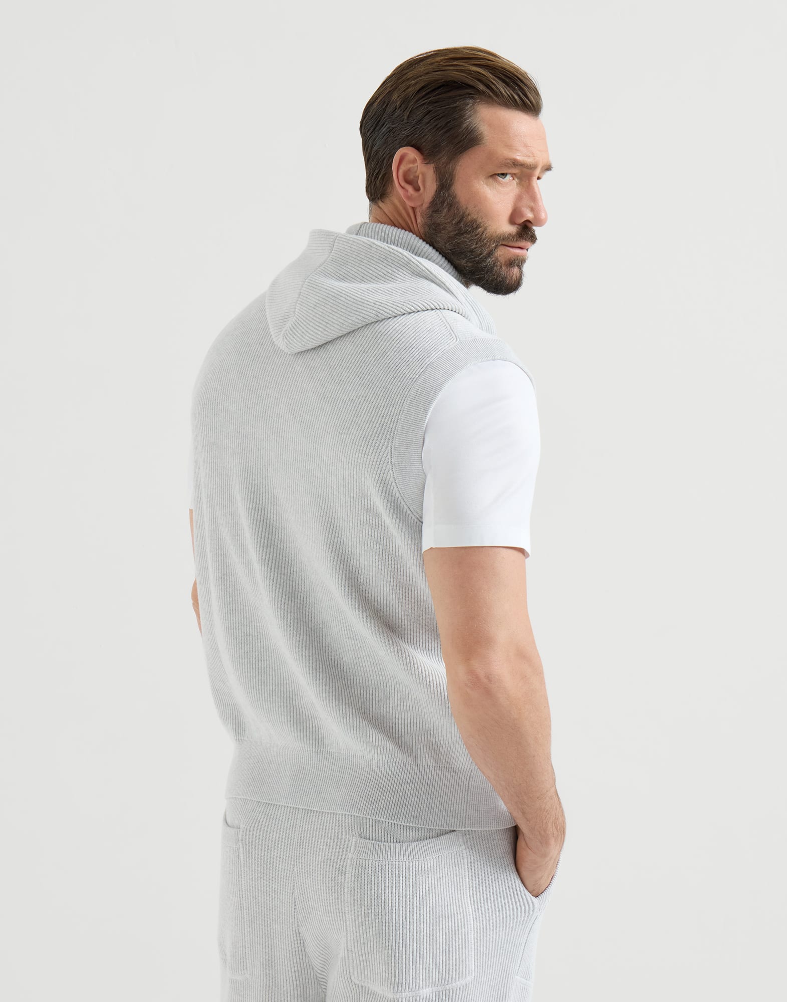 Cotton English rib knit hooded vest with logo and zipper